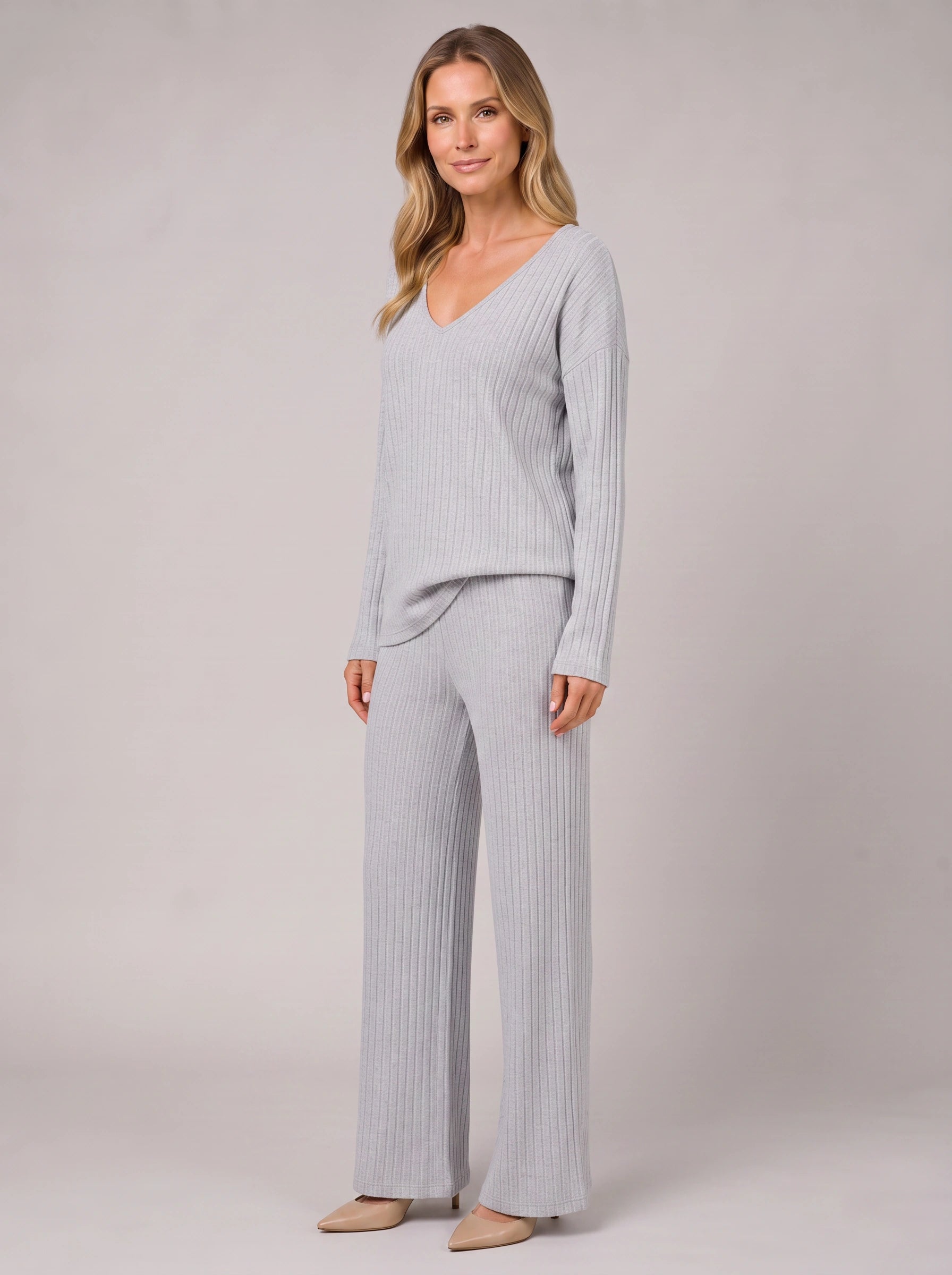 Costara Ribbed V-Neck Lounge Set – Women Knit Sweater Wide Leg Trousers Co-Ord Casual Loungewear