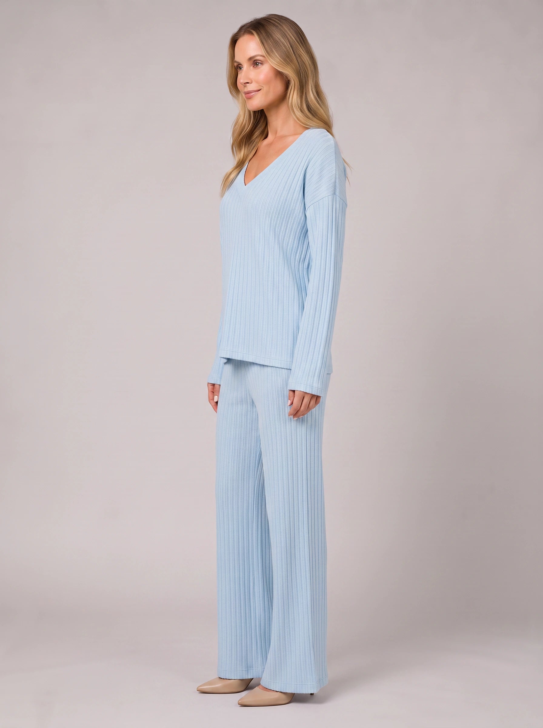 Costara Ribbed V-Neck Lounge Set – Women Knit Sweater Wide Leg Trousers Co-Ord Casual Loungewear