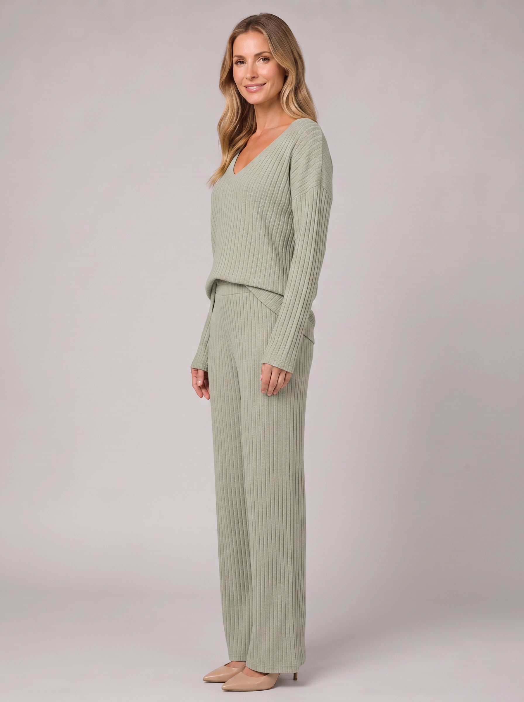 Costara Ribbed V-Neck Lounge Set – Women Knit Sweater Wide Leg Trousers Co-Ord Casual Loungewear