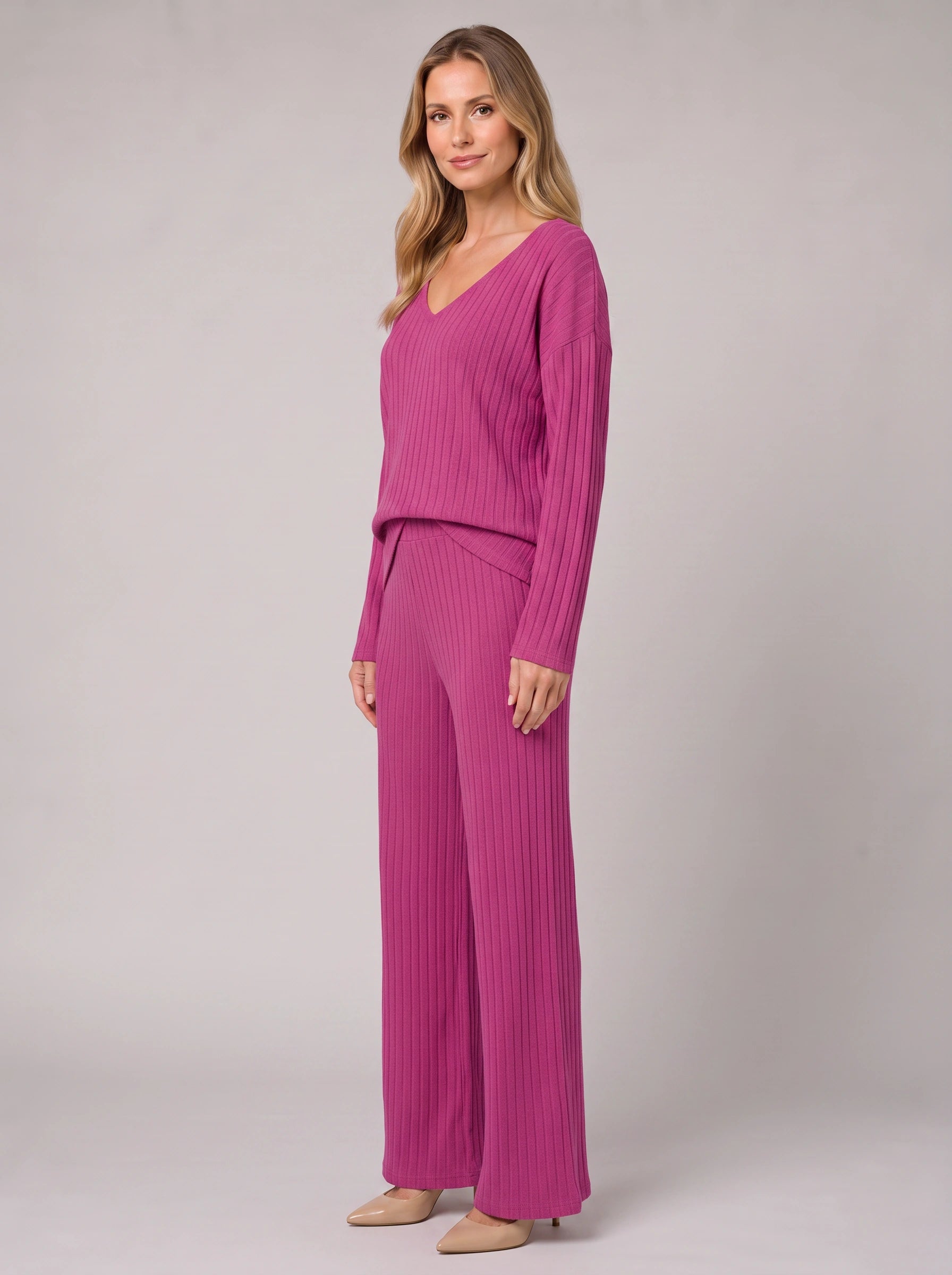 Costara Ribbed V-Neck Lounge Set – Women Knit Sweater Wide Leg Trousers Co-Ord Casual Loungewear