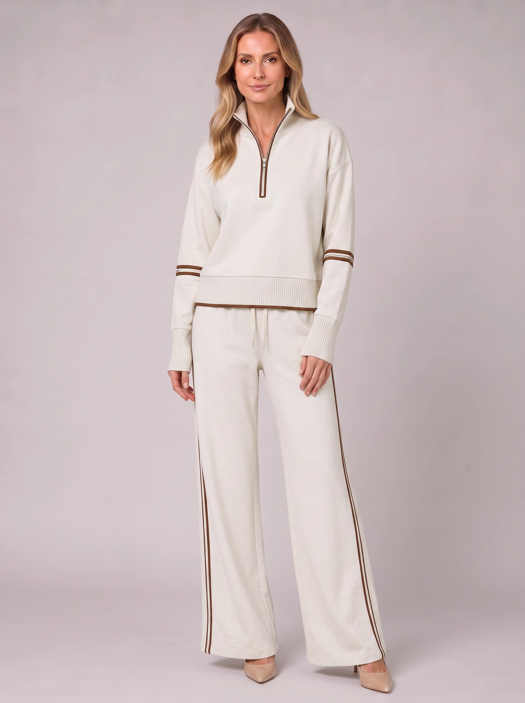 Cortana Half-Zip Knit Lounge Set – Wide-Leg Tracksuit Women Casual Loungewear Stripe Trim Two-Piece Set