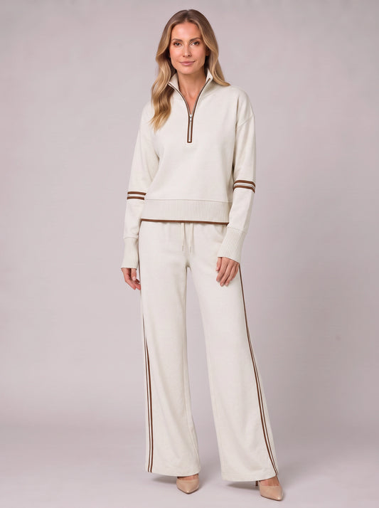 Cortana Half-Zip Knit Lounge Set – Wide-Leg Tracksuit Women Casual Loungewear Stripe Trim Two-Piece Set