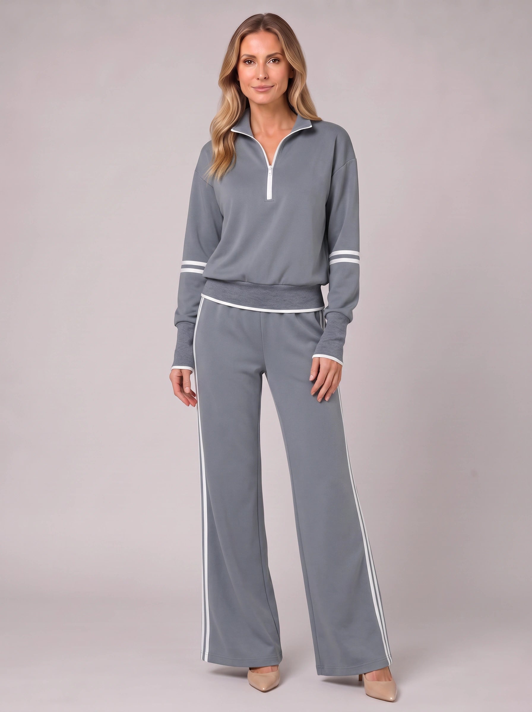 Cortana Half-Zip Knit Lounge Set – Wide-Leg Tracksuit Women Casual Loungewear Stripe Trim Two-Piece Set