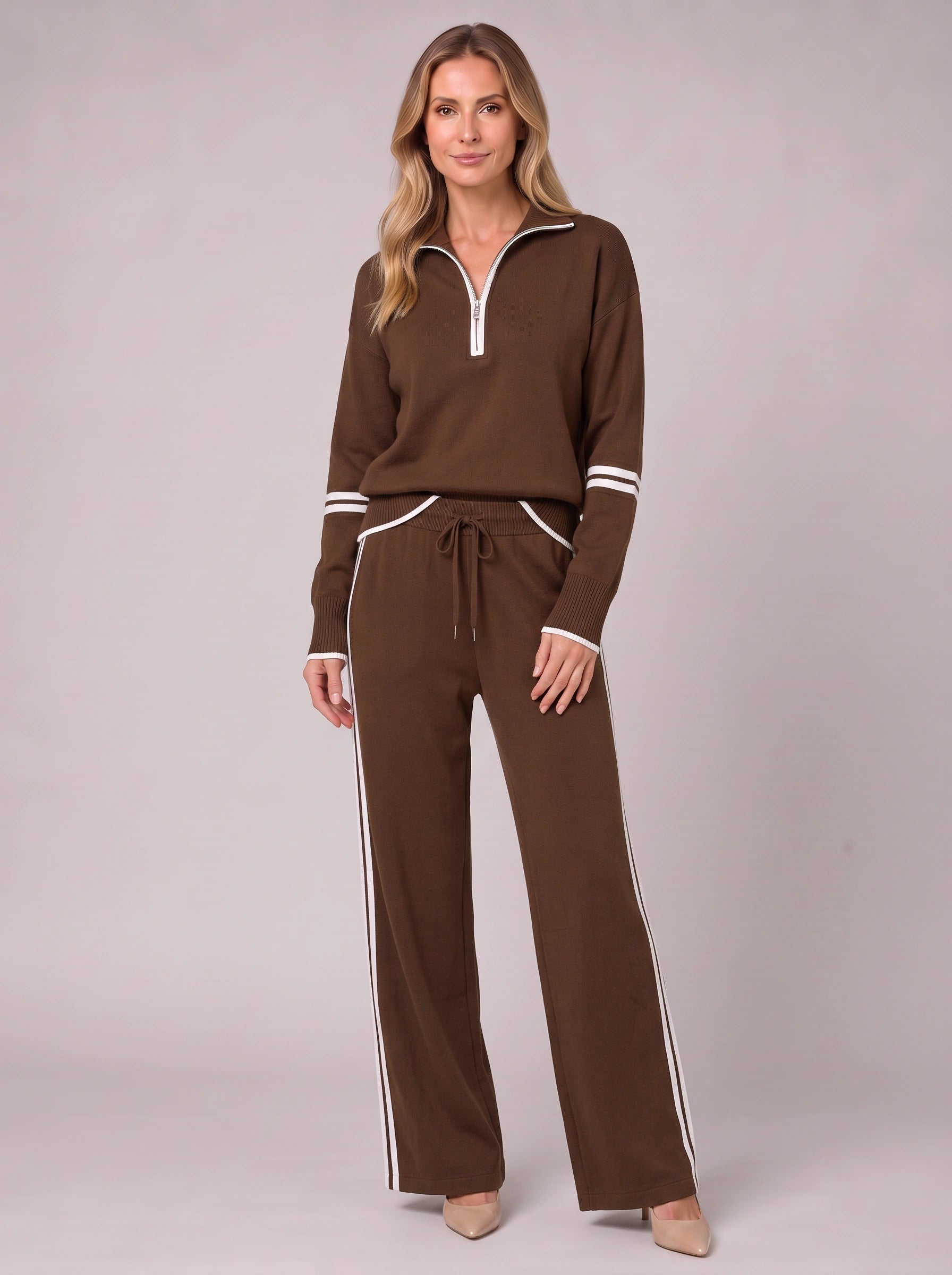 Cortana Half-Zip Knit Lounge Set – Wide-Leg Tracksuit Women Casual Loungewear Stripe Trim Two-Piece Set