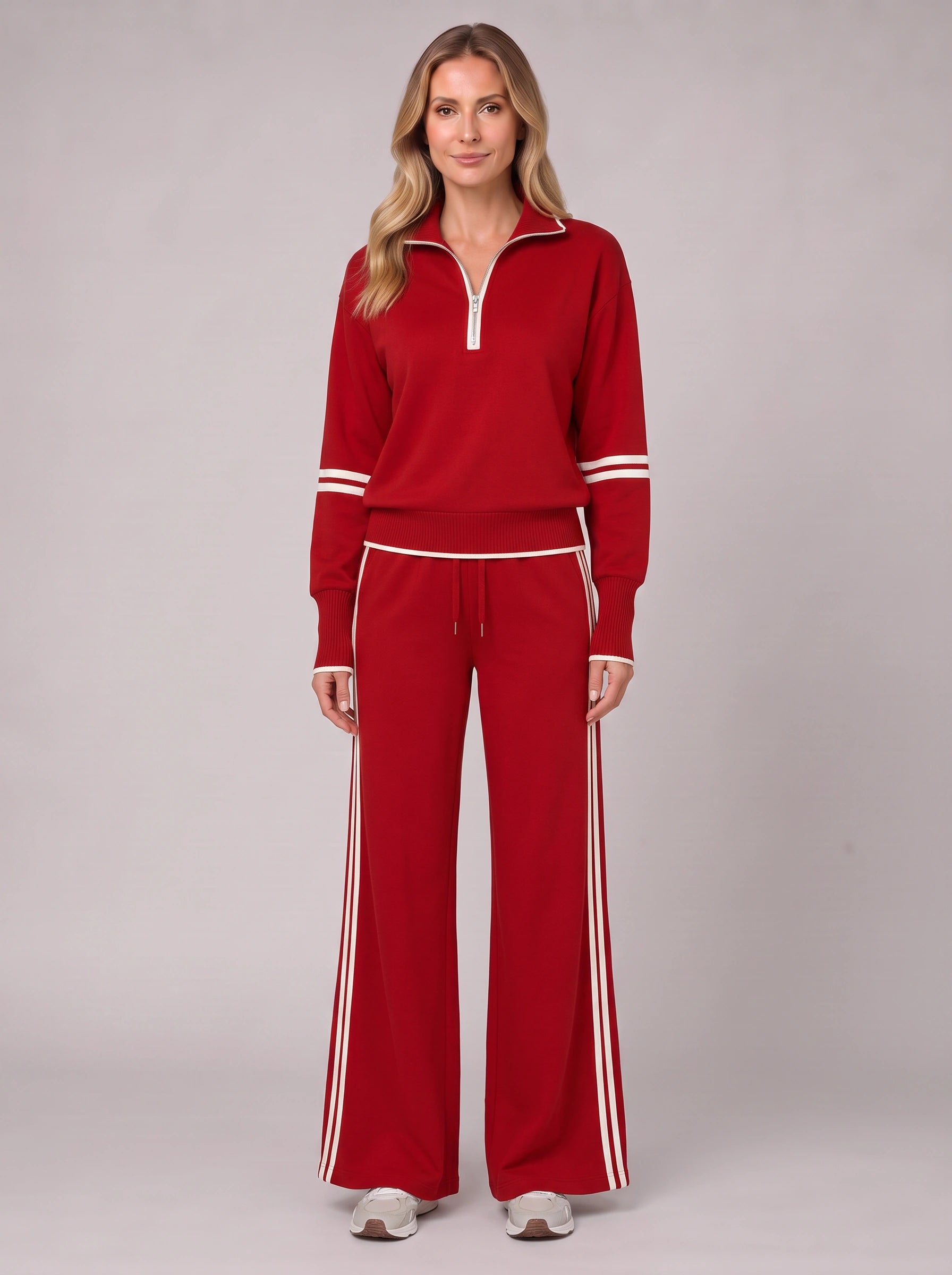 Cortana Half-Zip Knit Lounge Set – Wide-Leg Tracksuit Women Casual Loungewear Stripe Trim Two-Piece Set