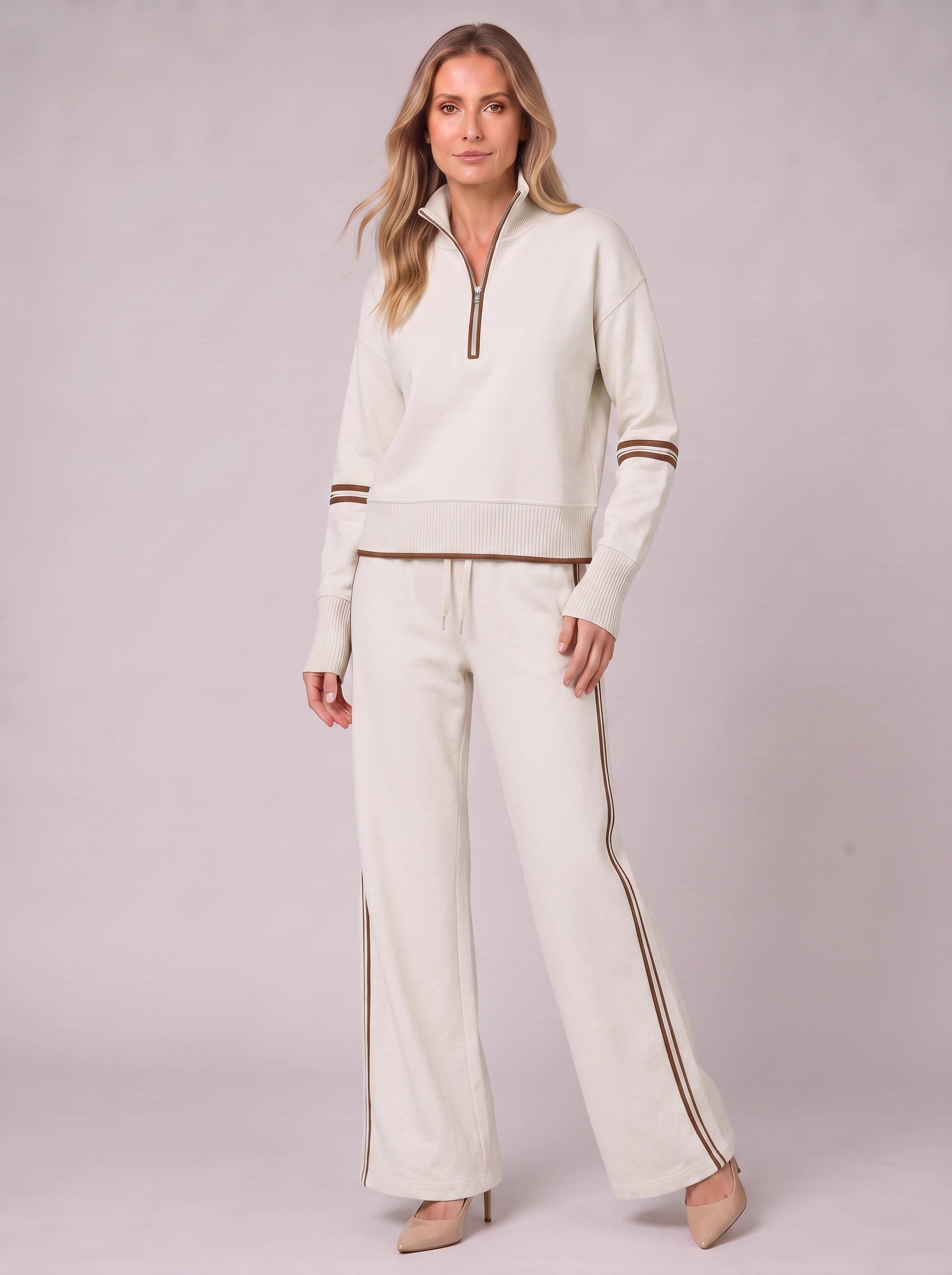 Cortana Half-Zip Knit Lounge Set – Wide-Leg Tracksuit Women Casual Loungewear Stripe Trim Two-Piece Set