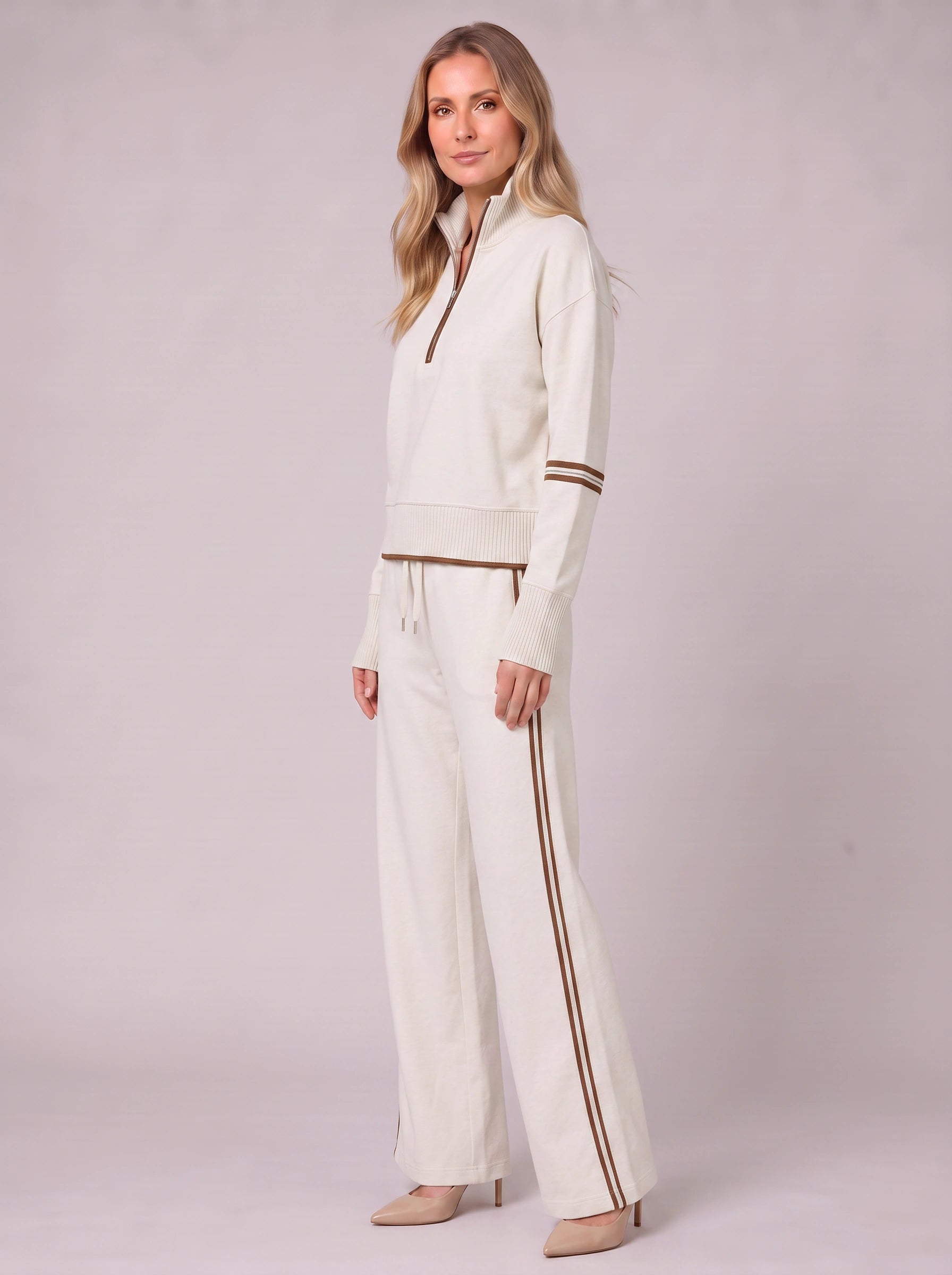 Cortana Half-Zip Knit Lounge Set – Wide-Leg Tracksuit Women Casual Loungewear Stripe Trim Two-Piece Set