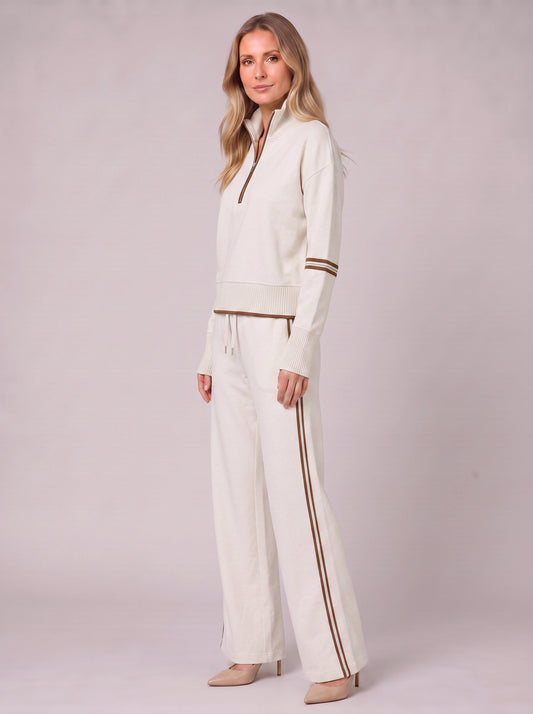 Cortana Half-Zip Knit Lounge Set – Wide-Leg Tracksuit Women Casual Loungewear Stripe Trim Two-Piece Set