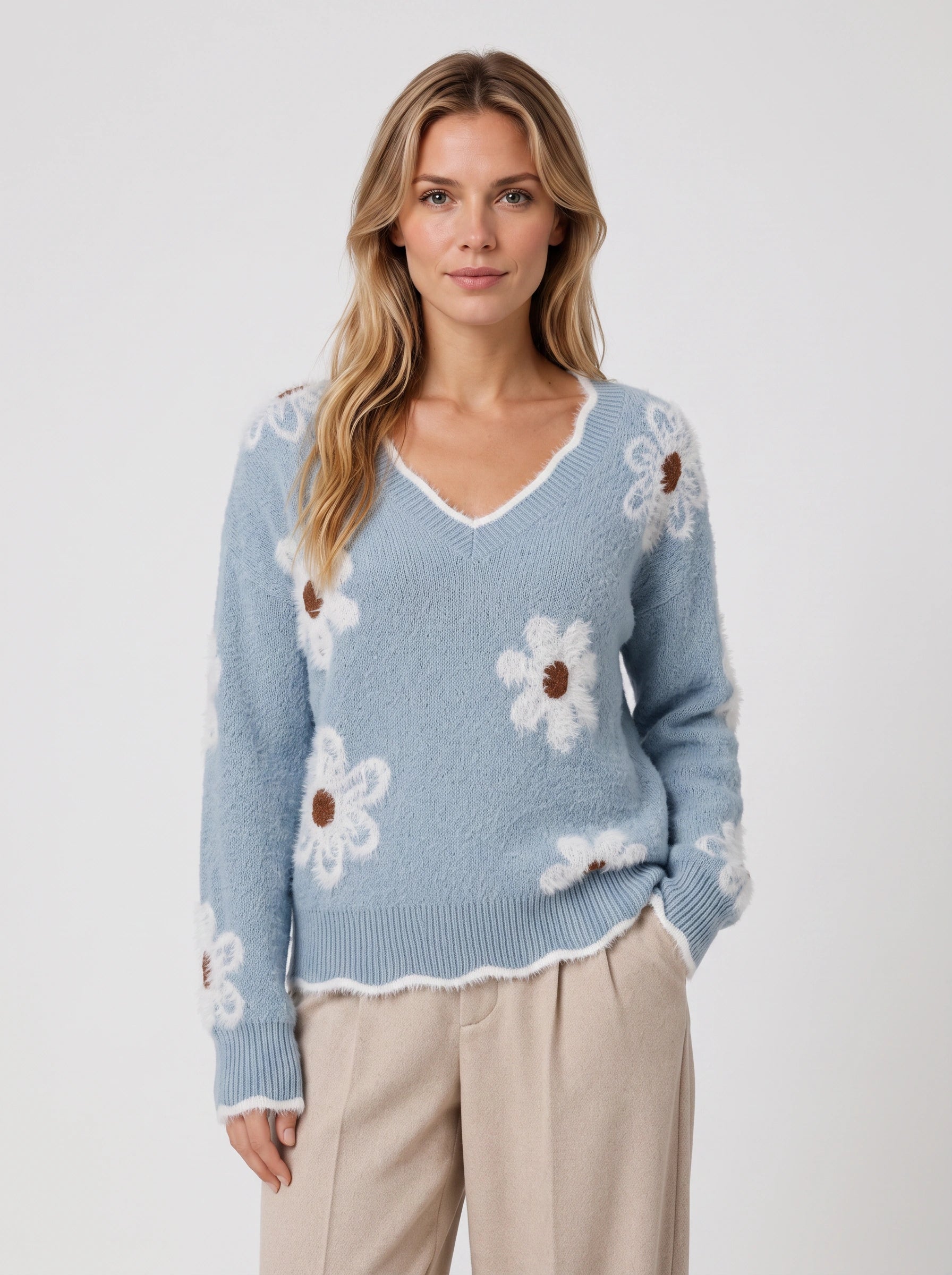 Daisyknit Floral V-Neck Sweater – Soft Knit Daisy Embroidered Women Oversized Casual Pullover Jumper