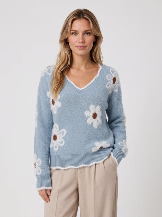 Daisyknit Floral V-Neck Sweater – Soft Knit Daisy Embroidered Women Oversized Casual Pullover Jumper