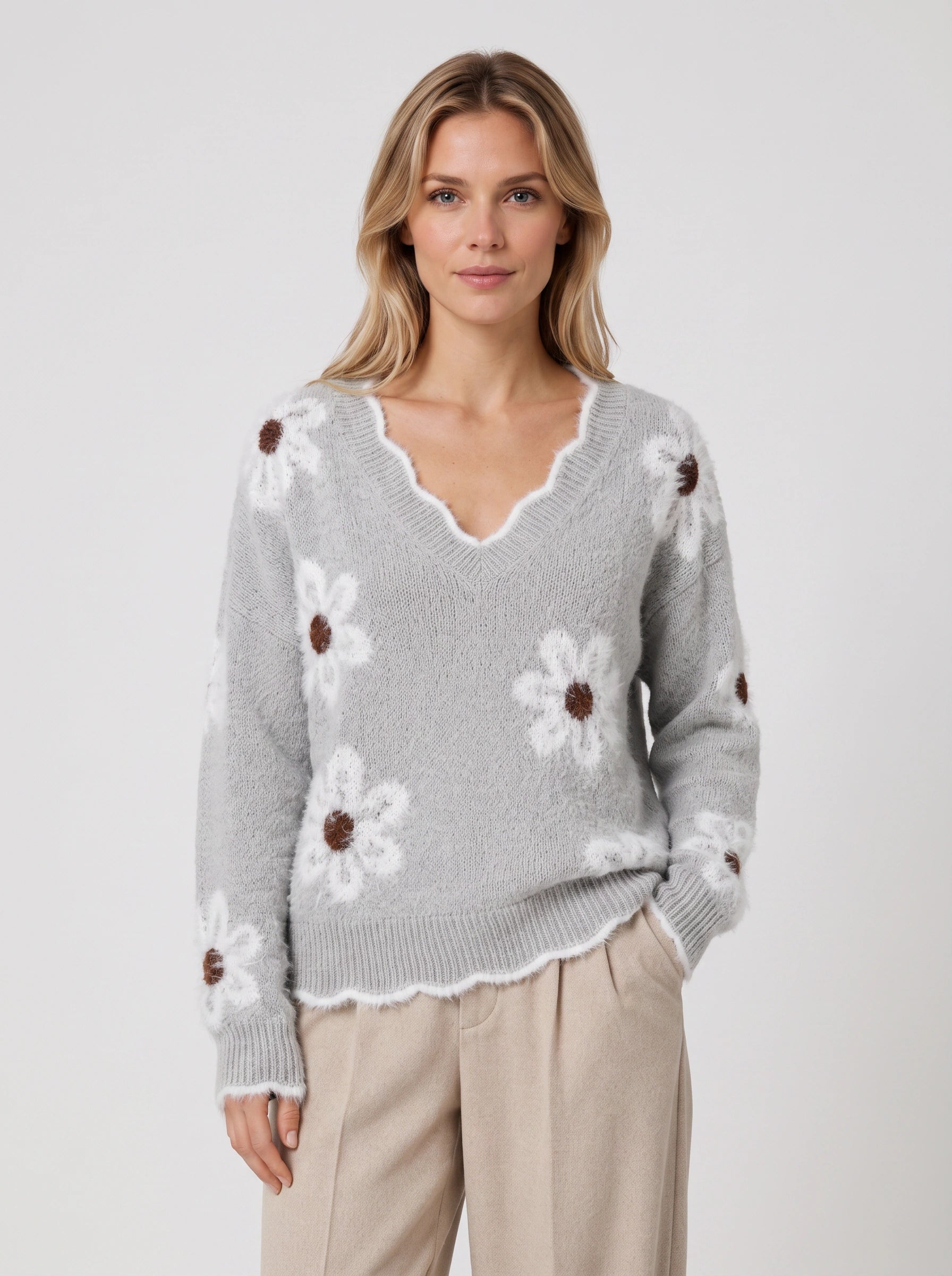 Daisyknit Floral V-Neck Sweater – Soft Knit Daisy Embroidered Women Oversized Casual Pullover Jumper
