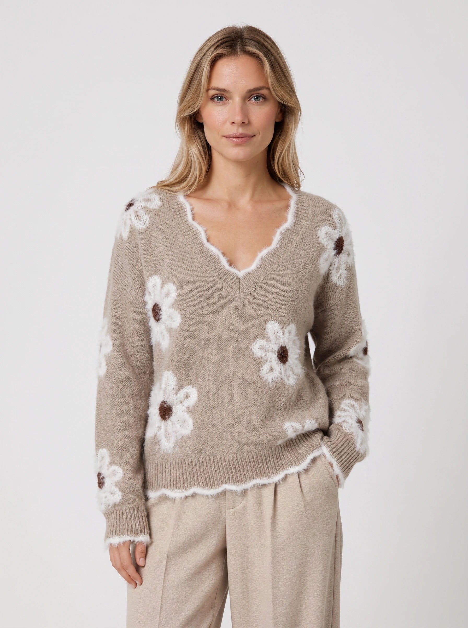 Daisyknit Floral V-Neck Sweater – Soft Knit Daisy Embroidered Women Oversized Casual Pullover Jumper
