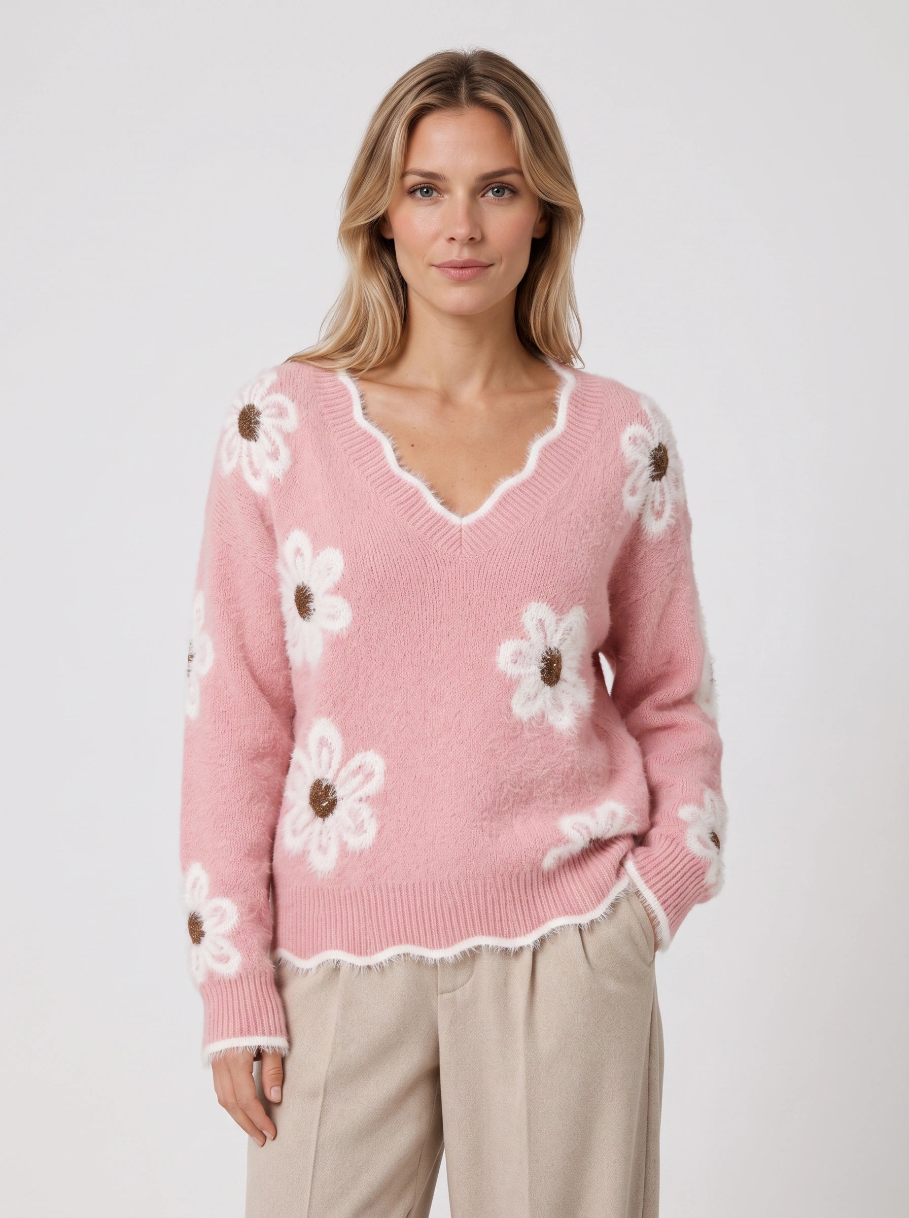Daisyknit Floral V-Neck Sweater – Soft Knit Daisy Embroidered Women Oversized Casual Pullover Jumper