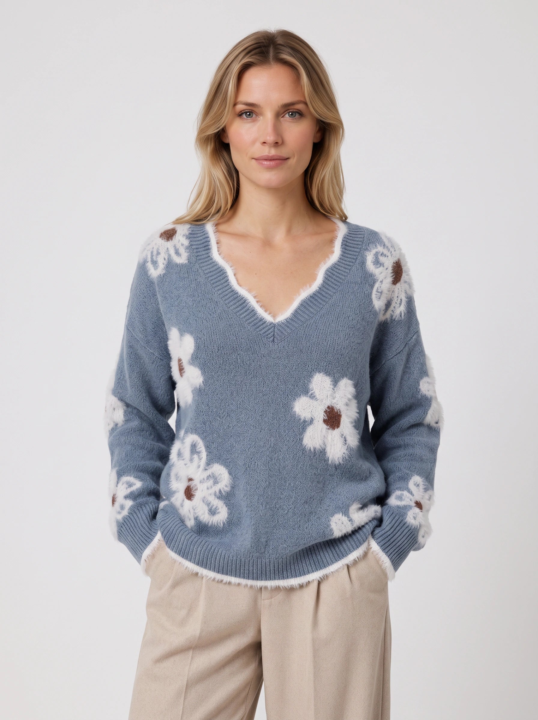 Daisyknit Floral V-Neck Sweater – Soft Knit Daisy Embroidered Women Oversized Casual Pullover Jumper