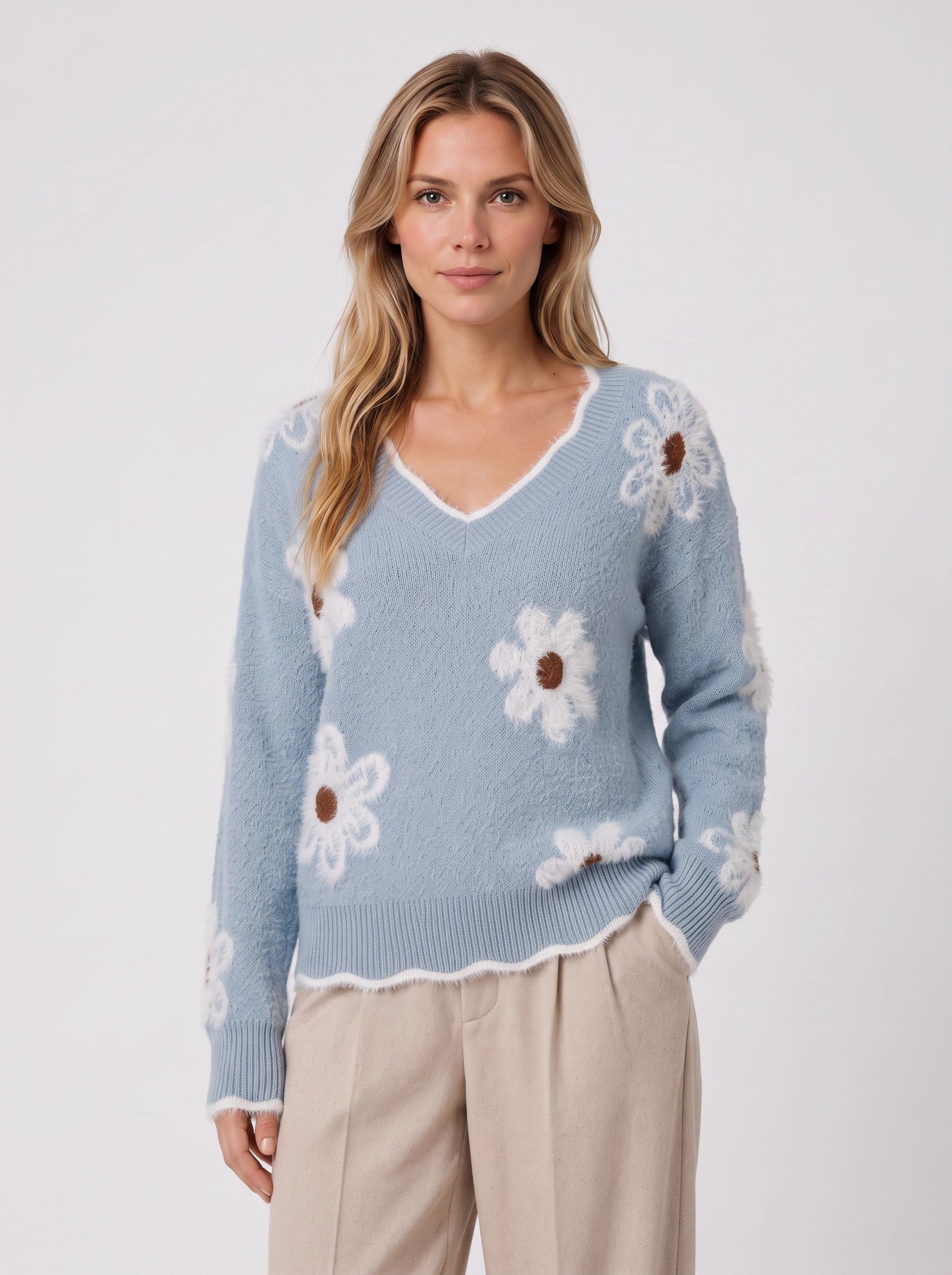 Daisyknit Floral V-Neck Sweater – Soft Knit Daisy Embroidered Women Oversized Casual Pullover Jumper