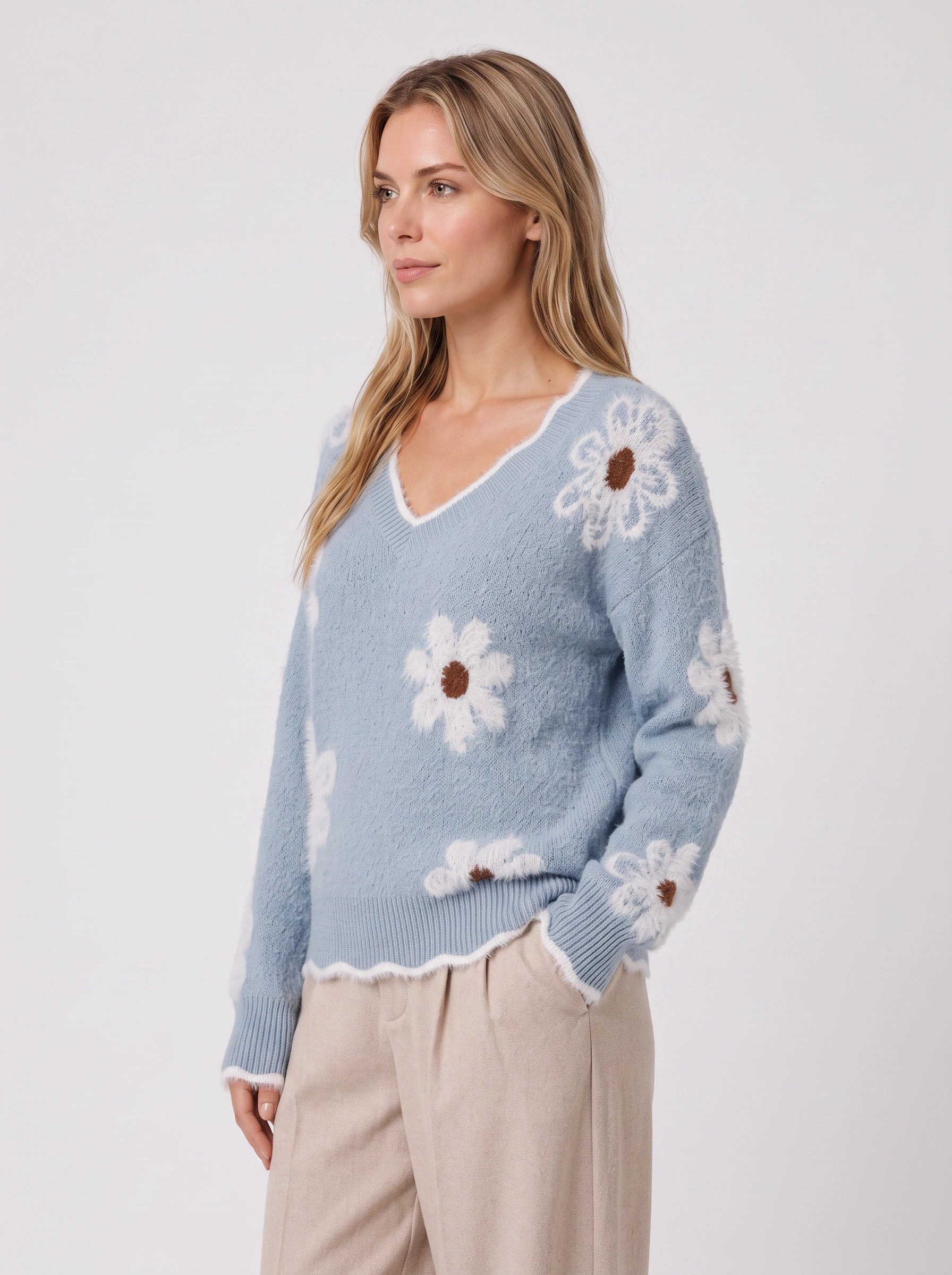 Daisyknit Floral V-Neck Sweater – Soft Knit Daisy Embroidered Women Oversized Casual Pullover Jumper