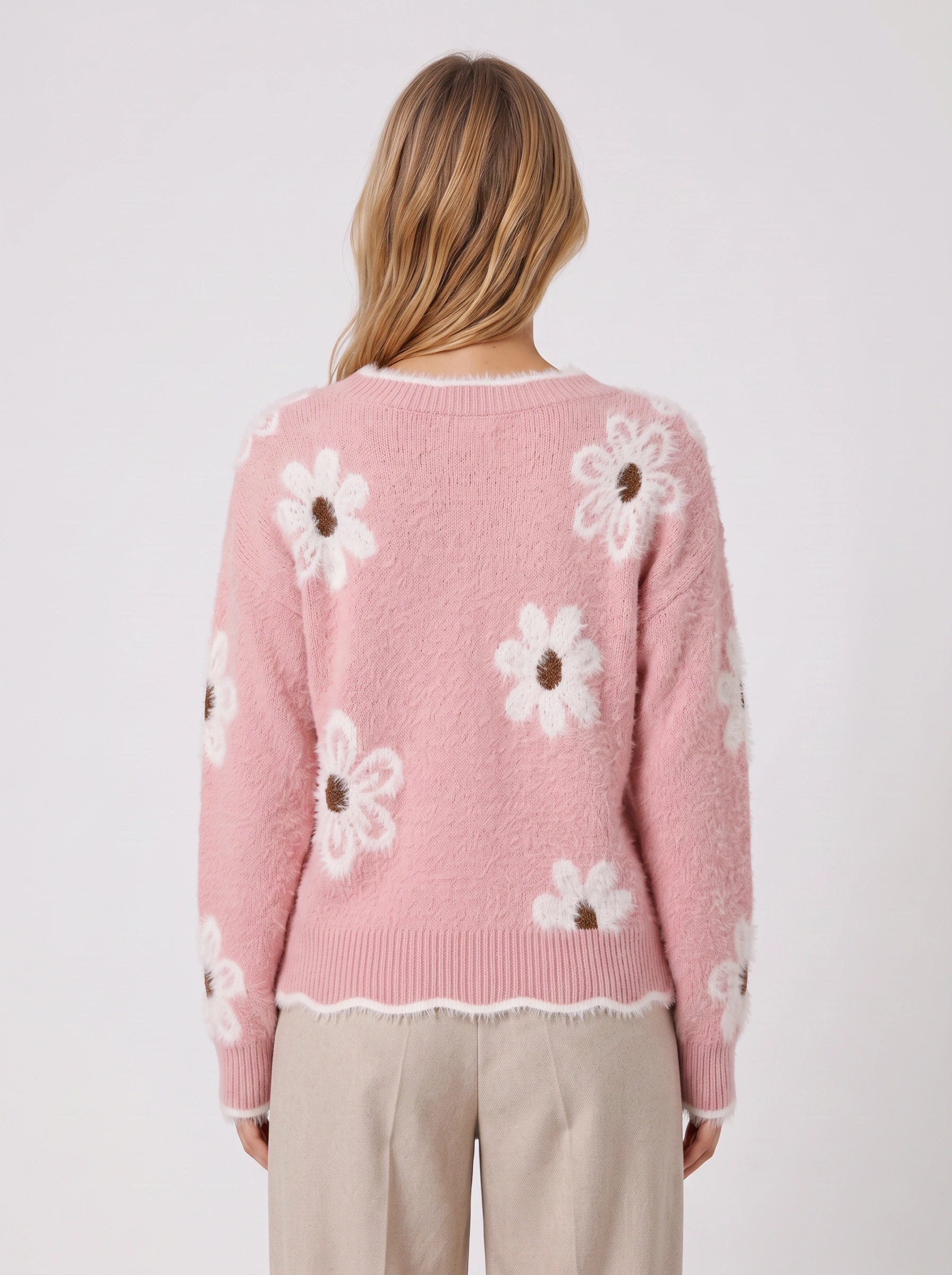 Daisyknit Floral V-Neck Sweater – Soft Knit Daisy Embroidered Women Oversized Casual Pullover Jumper