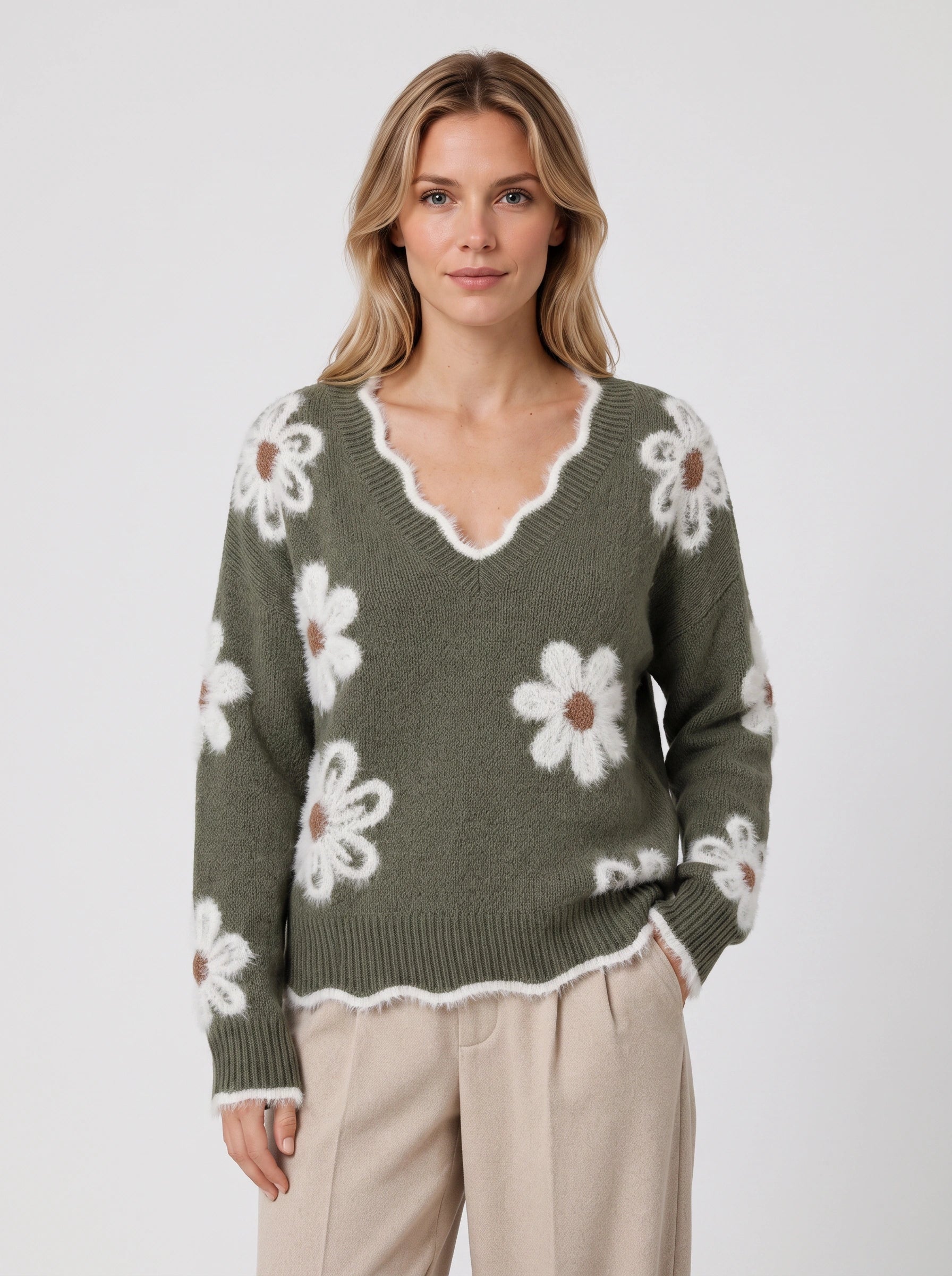 Daisyknit Floral V-Neck Sweater – Soft Knit Daisy Embroidered Women Oversized Casual Pullover Jumper