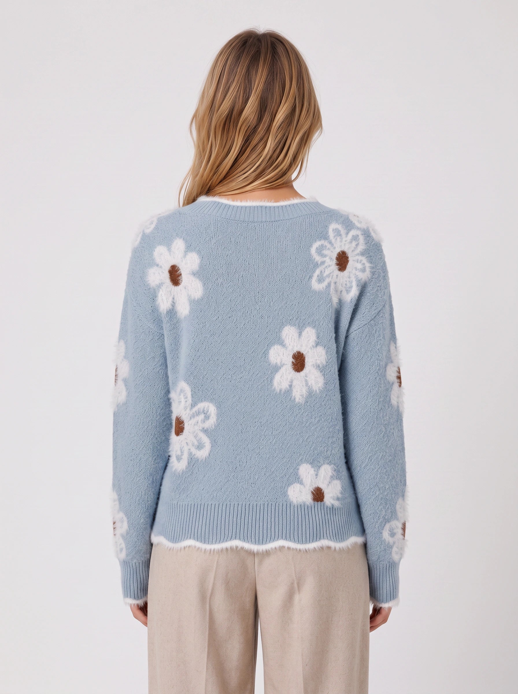 Daisyknit Floral V-Neck Sweater – Soft Knit Daisy Embroidered Women Oversized Casual Pullover Jumper