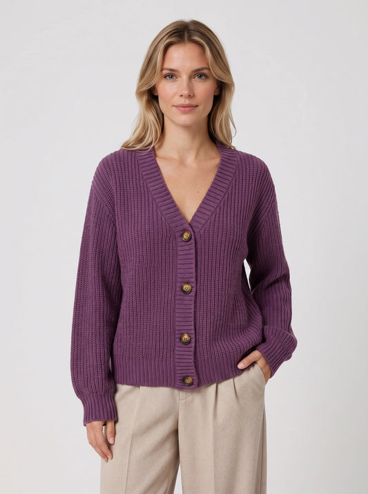 Brumosa Chunky Knit Button Cardigan – Ribbed V-Neck Women Oversized Summer Cardigan Sweater Cozy Lounge