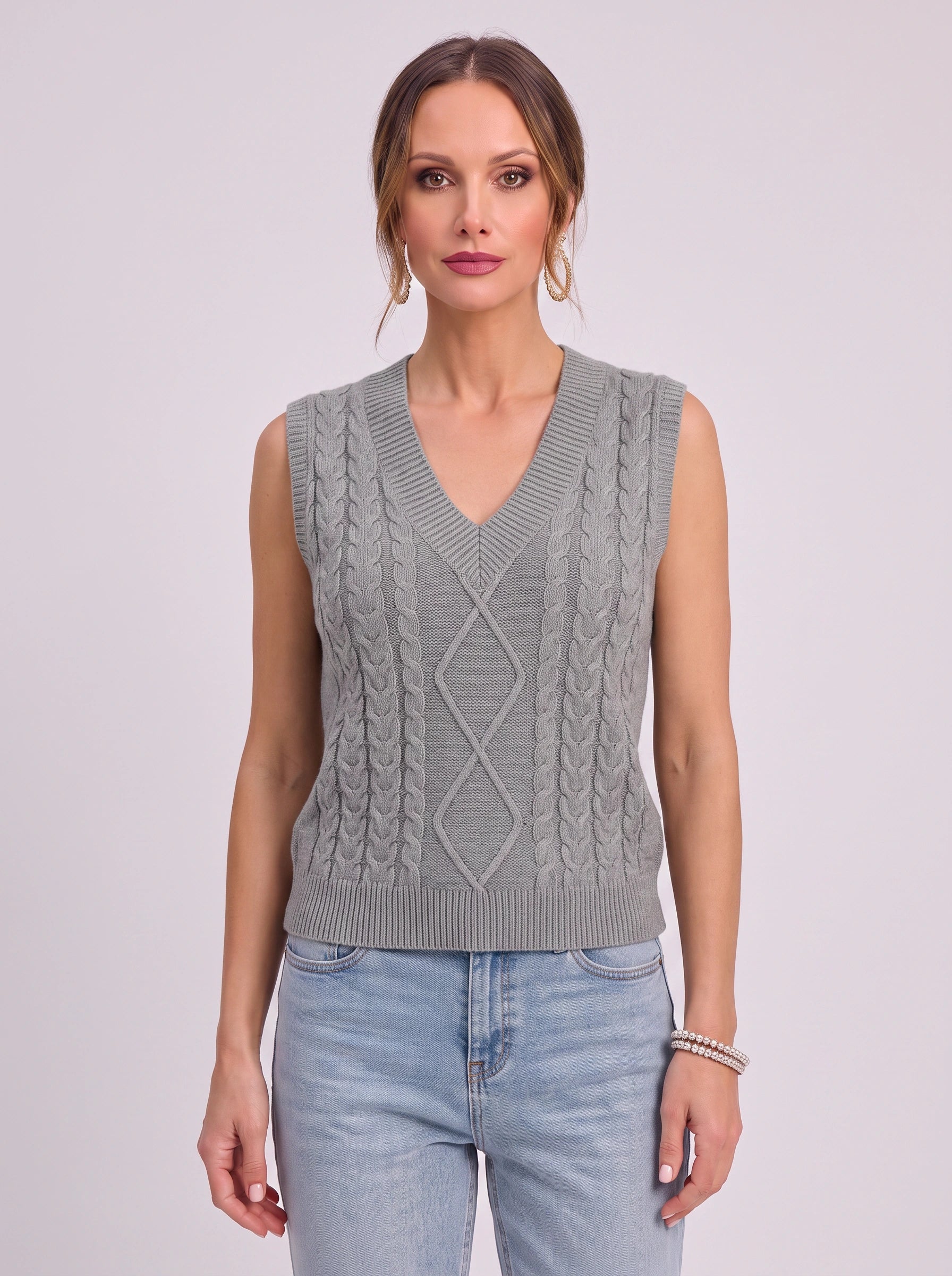 Cablora Cable Knit Sweater Vest – Sleeveless V-Neck Knitted Vest Women Preppy Office Casual Layer Top