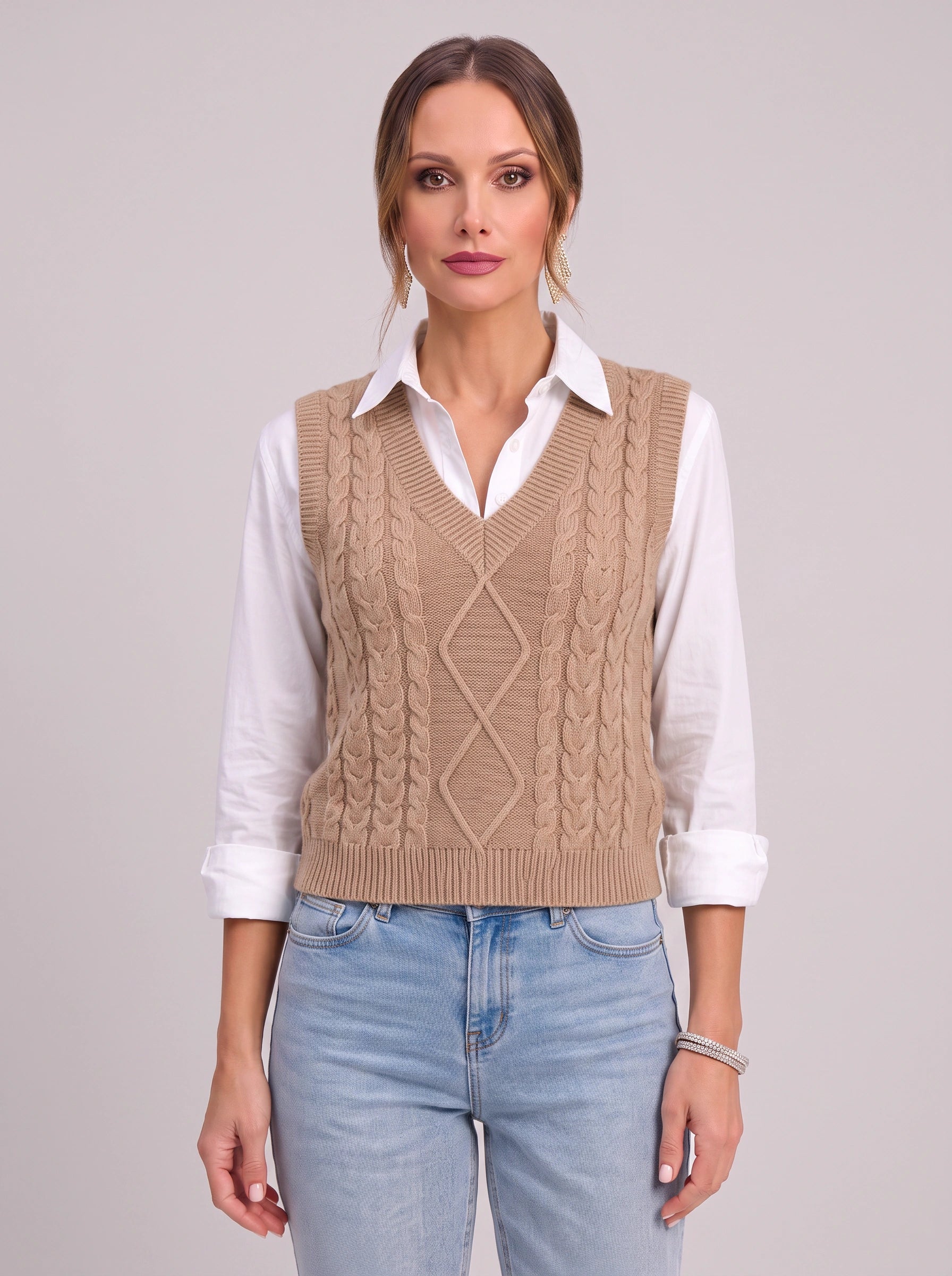 Cablora Cable Knit Sweater Vest – Sleeveless V-Neck Knitted Vest Women Preppy Office Casual Layer Top