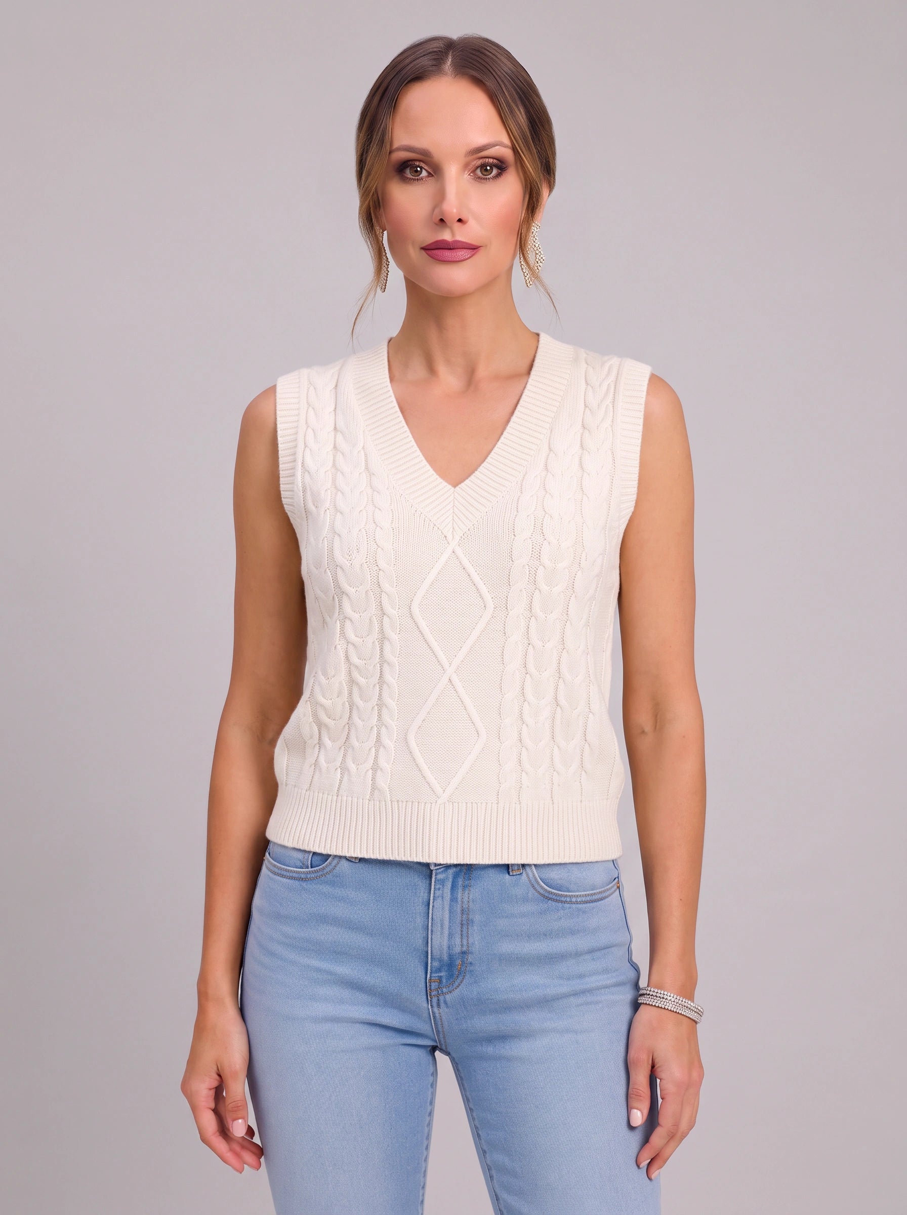 Cablora Cable Knit Sweater Vest – Sleeveless V-Neck Knitted Vest Women Preppy Office Casual Layer Top