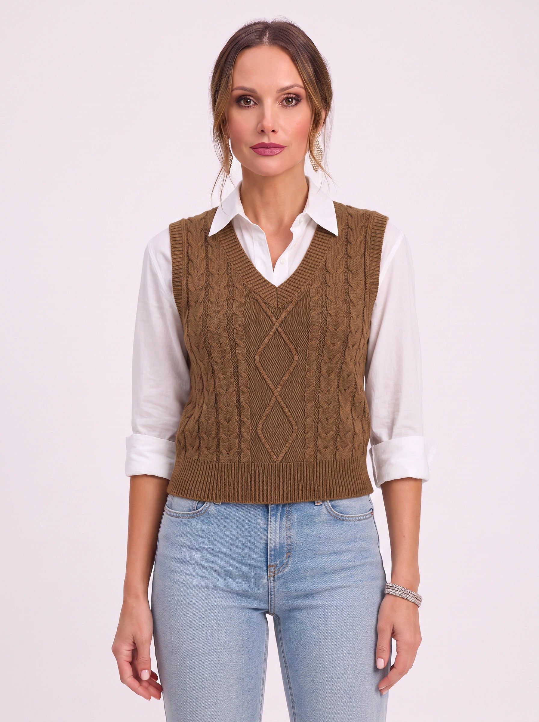 Cablora Cable Knit Sweater Vest – Sleeveless V-Neck Knitted Vest Women Preppy Office Casual Layer Top