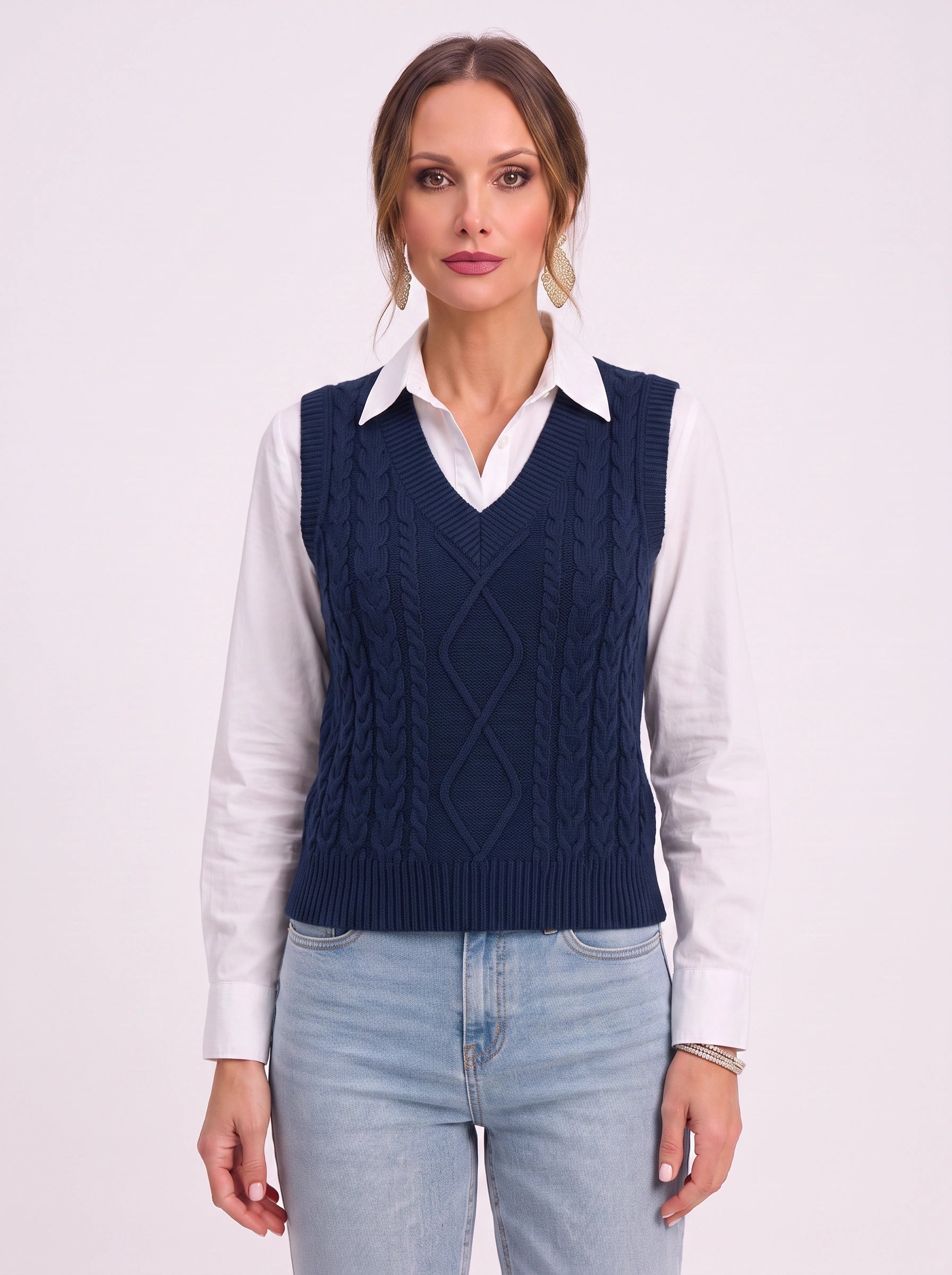Cablora Cable Knit Sweater Vest – Sleeveless V-Neck Knitted Vest Women Preppy Office Casual Layer Top