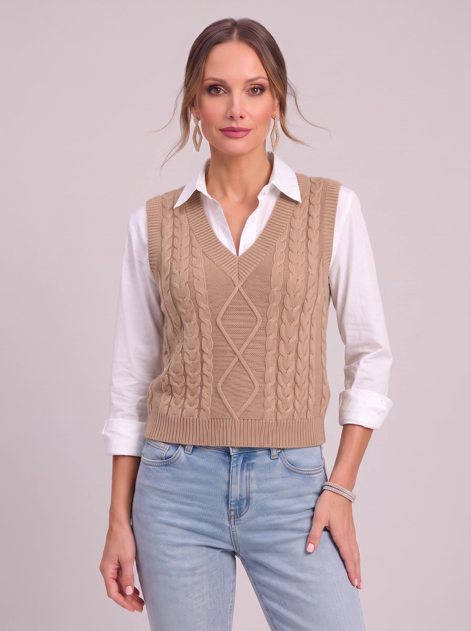 Cablora Cable Knit Sweater Vest – Sleeveless V-Neck Knitted Vest Women Preppy Office Casual Layer Top