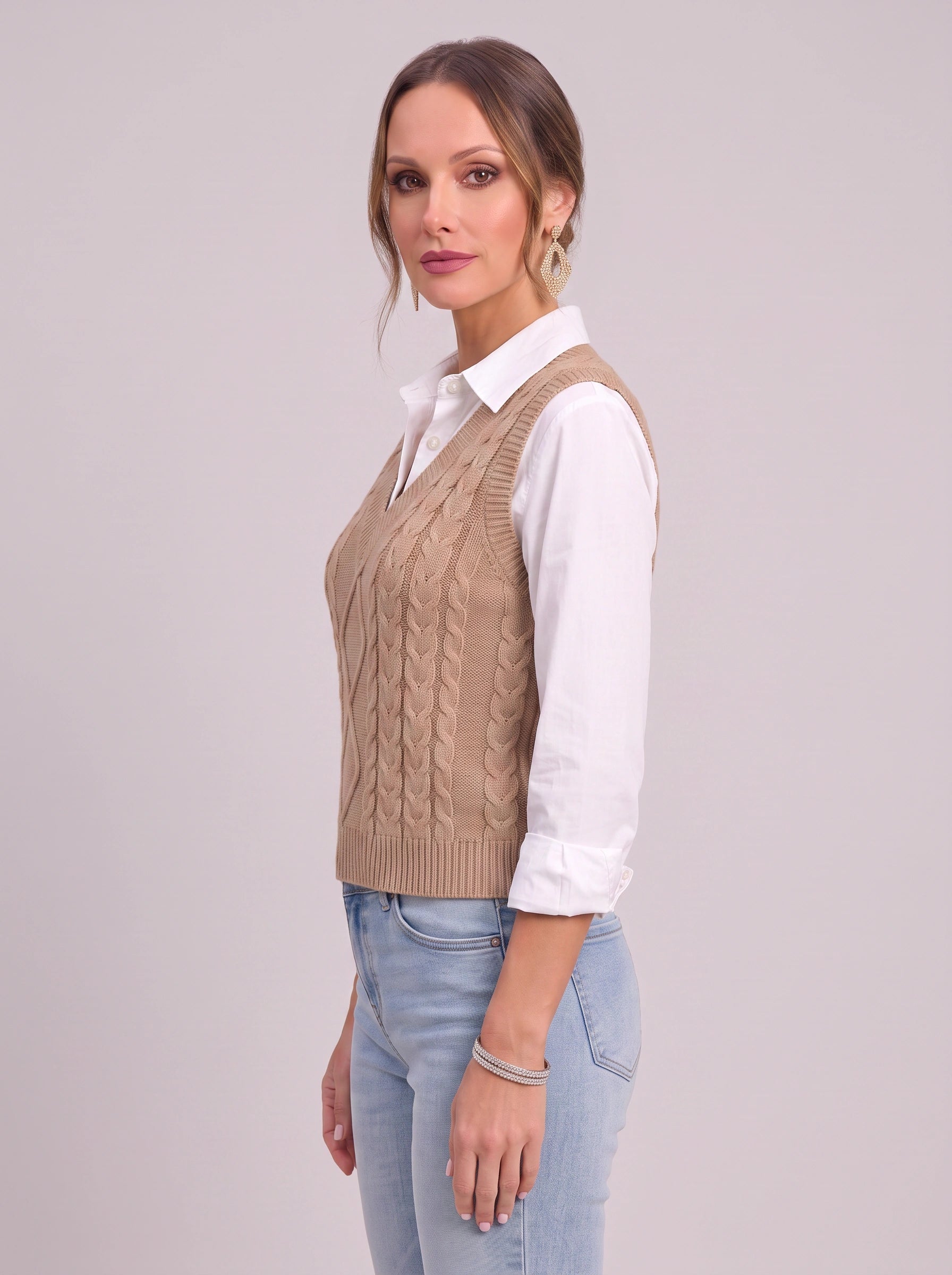 Cablora Cable Knit Sweater Vest – Sleeveless V-Neck Knitted Vest Women Preppy Office Casual Layer Top