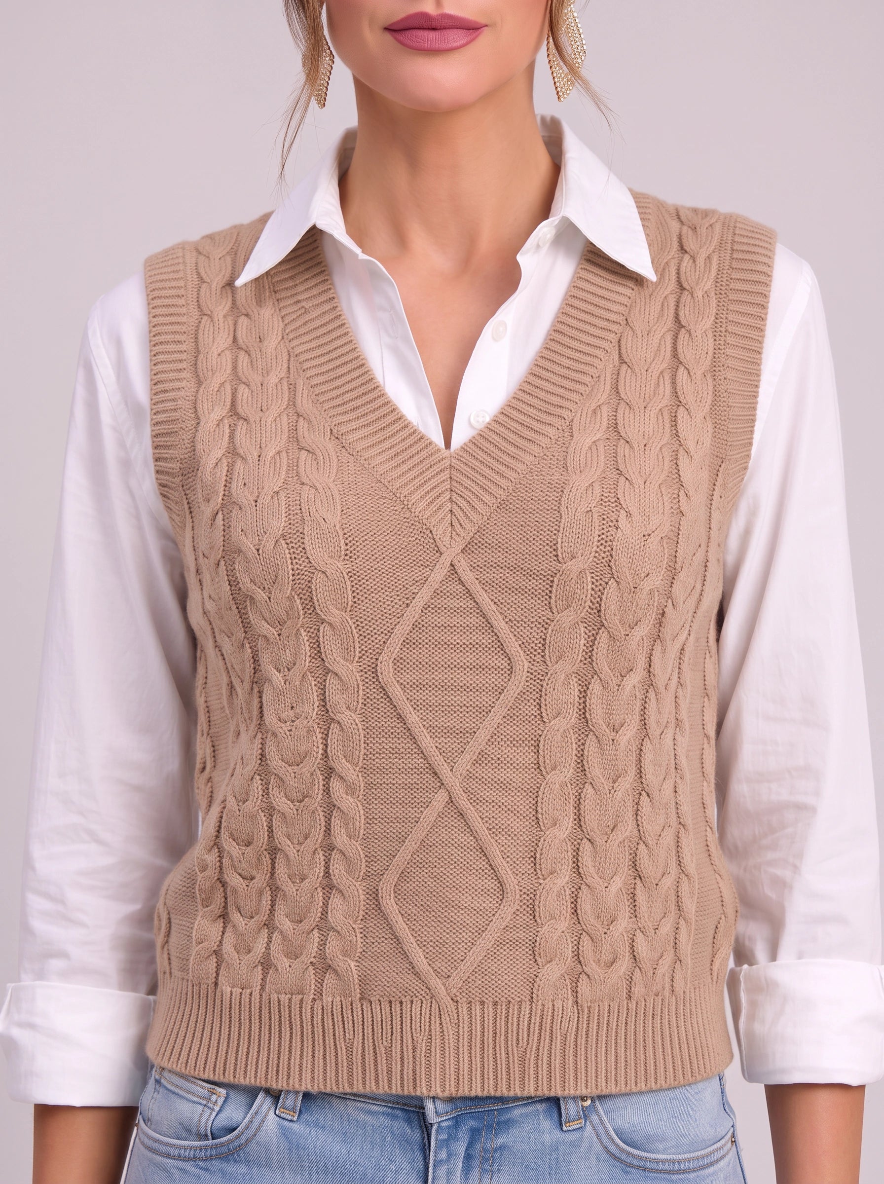 Cablora Cable Knit Sweater Vest – Sleeveless V-Neck Knitted Vest Women Preppy Office Casual Layer Top