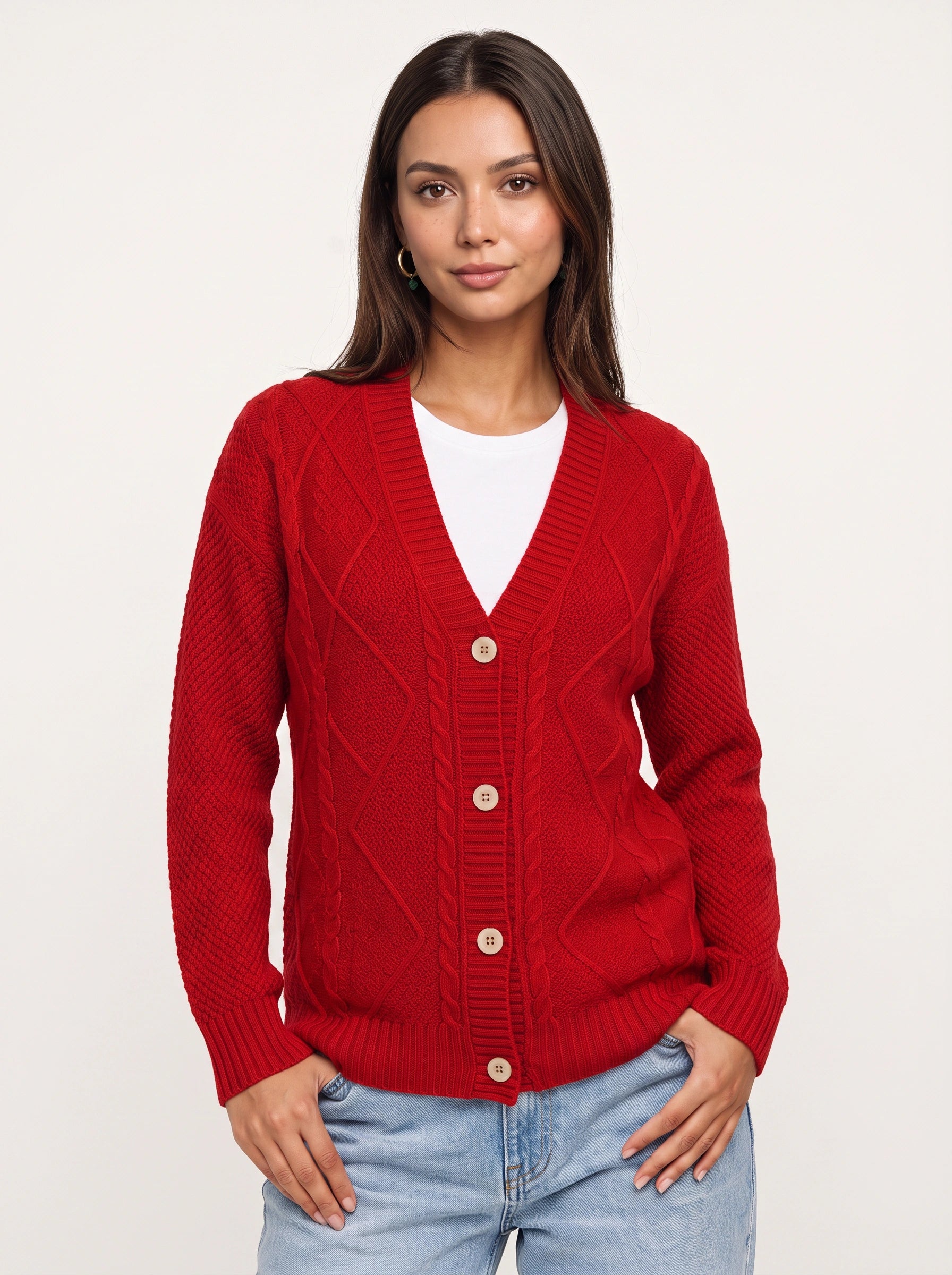 Treccio Cable Knit Button Cardigan – Sweater Women V-Neck Longline Casual Soft Chunky Knitted Cardigan