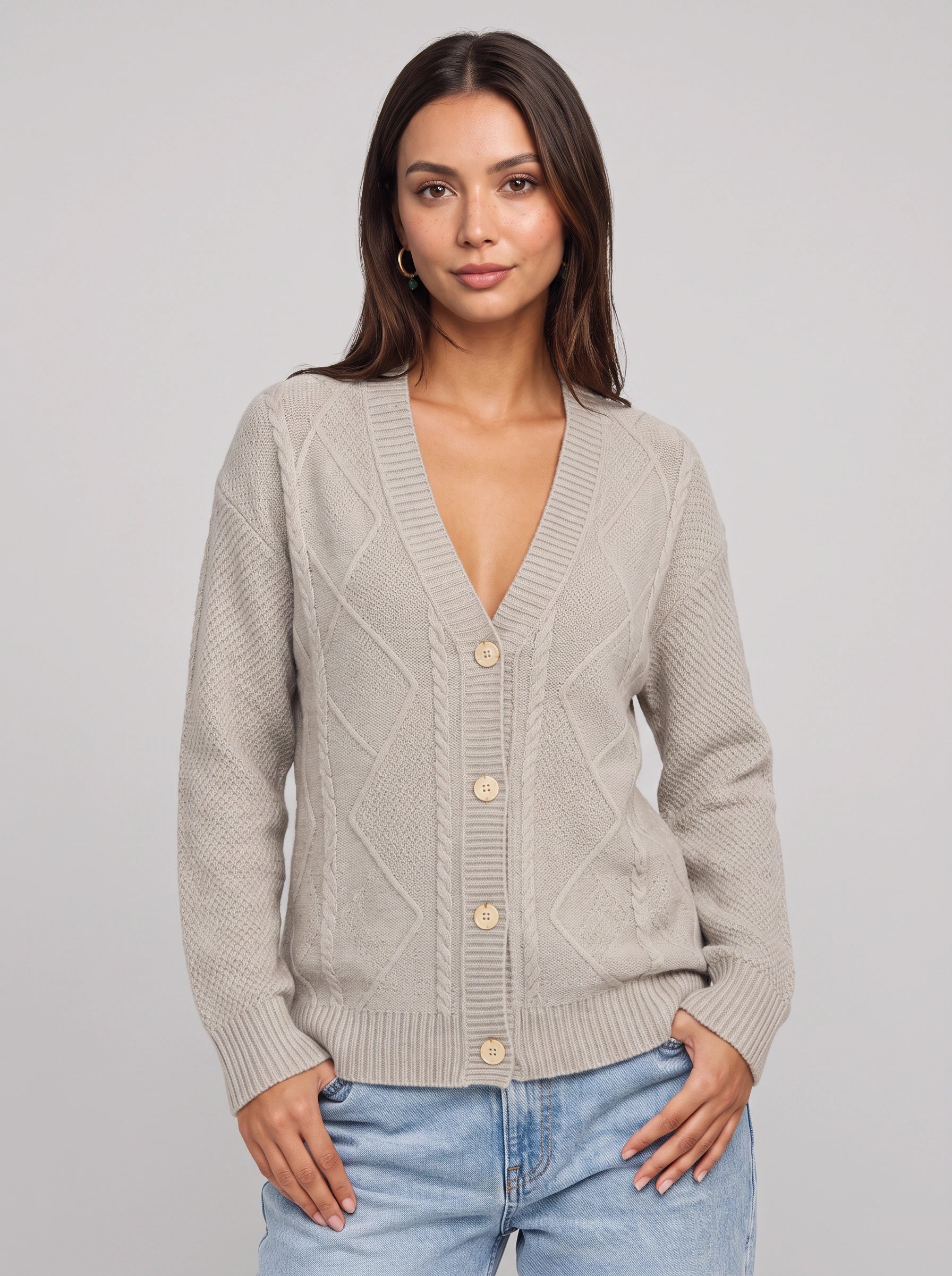 Treccio Cable Knit Button Cardigan – Sweater Women V-Neck Longline Casual Soft Chunky Knitted Cardigan