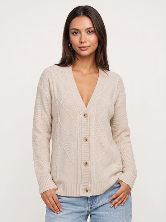 Treccio Cable Knit Button Cardigan – Sweater Women V-Neck Longline Casual Soft Chunky Knitted Cardigan
