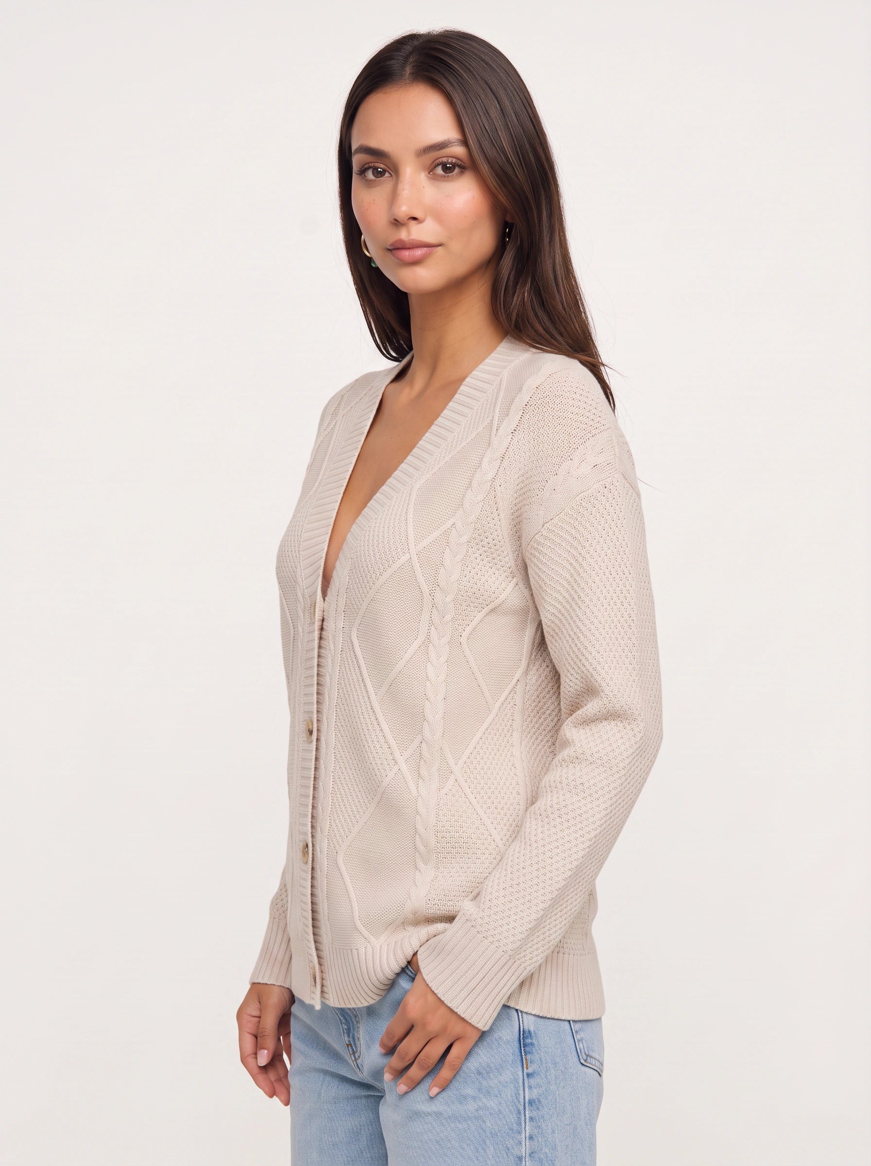 Treccio Cable Knit Button Cardigan – Sweater Women V-Neck Longline Casual Soft Chunky Knitted Cardigan