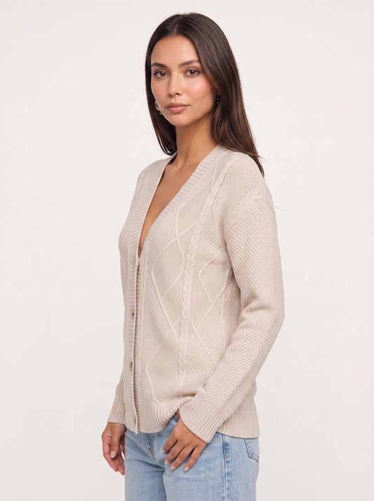 Treccio Cable Knit Button Cardigan – Sweater Women V-Neck Longline Casual Soft Chunky Knitted Cardigan