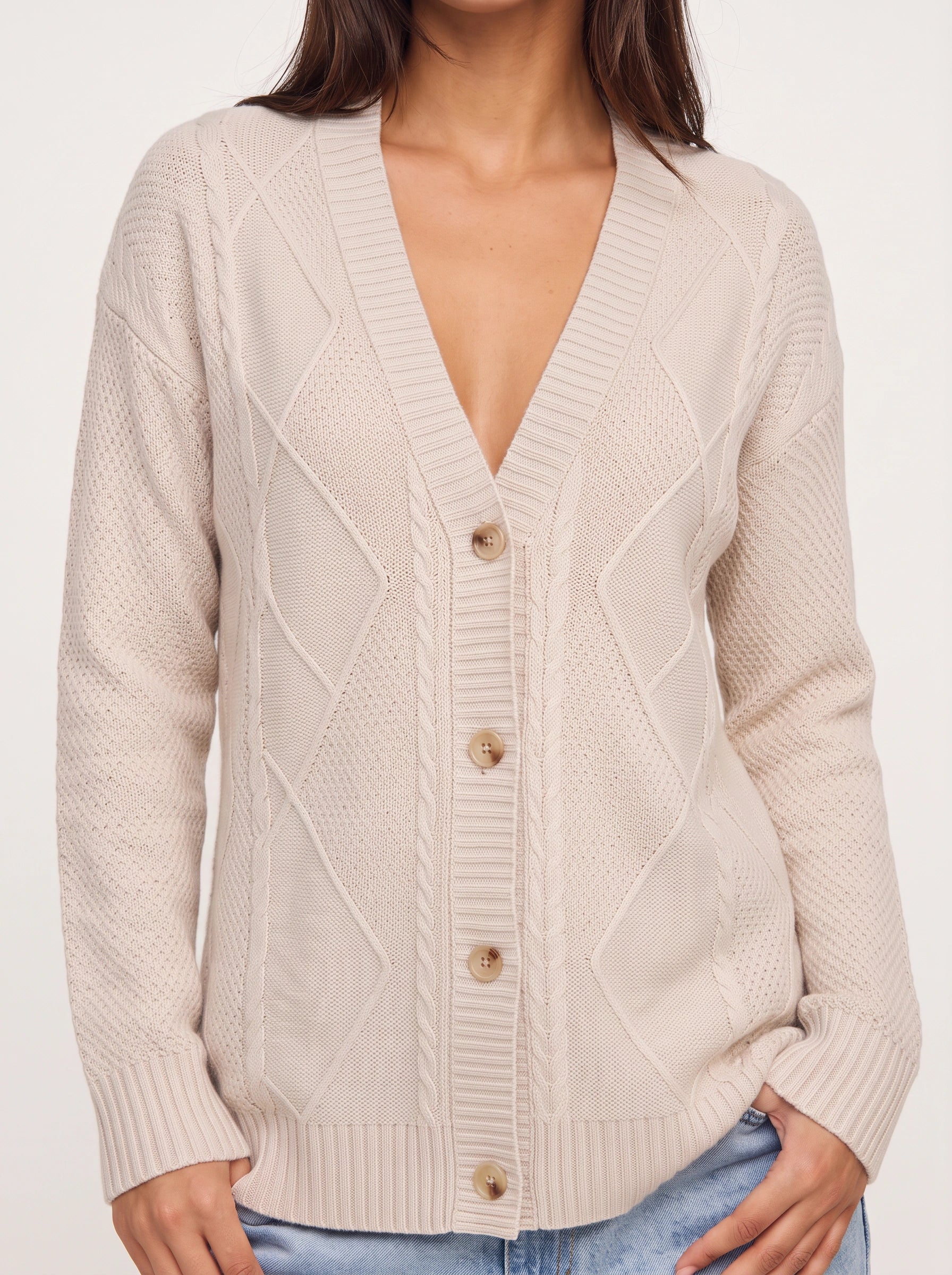 Treccio Cable Knit Button Cardigan – Sweater Women V-Neck Longline Casual Soft Chunky Knitted Cardigan