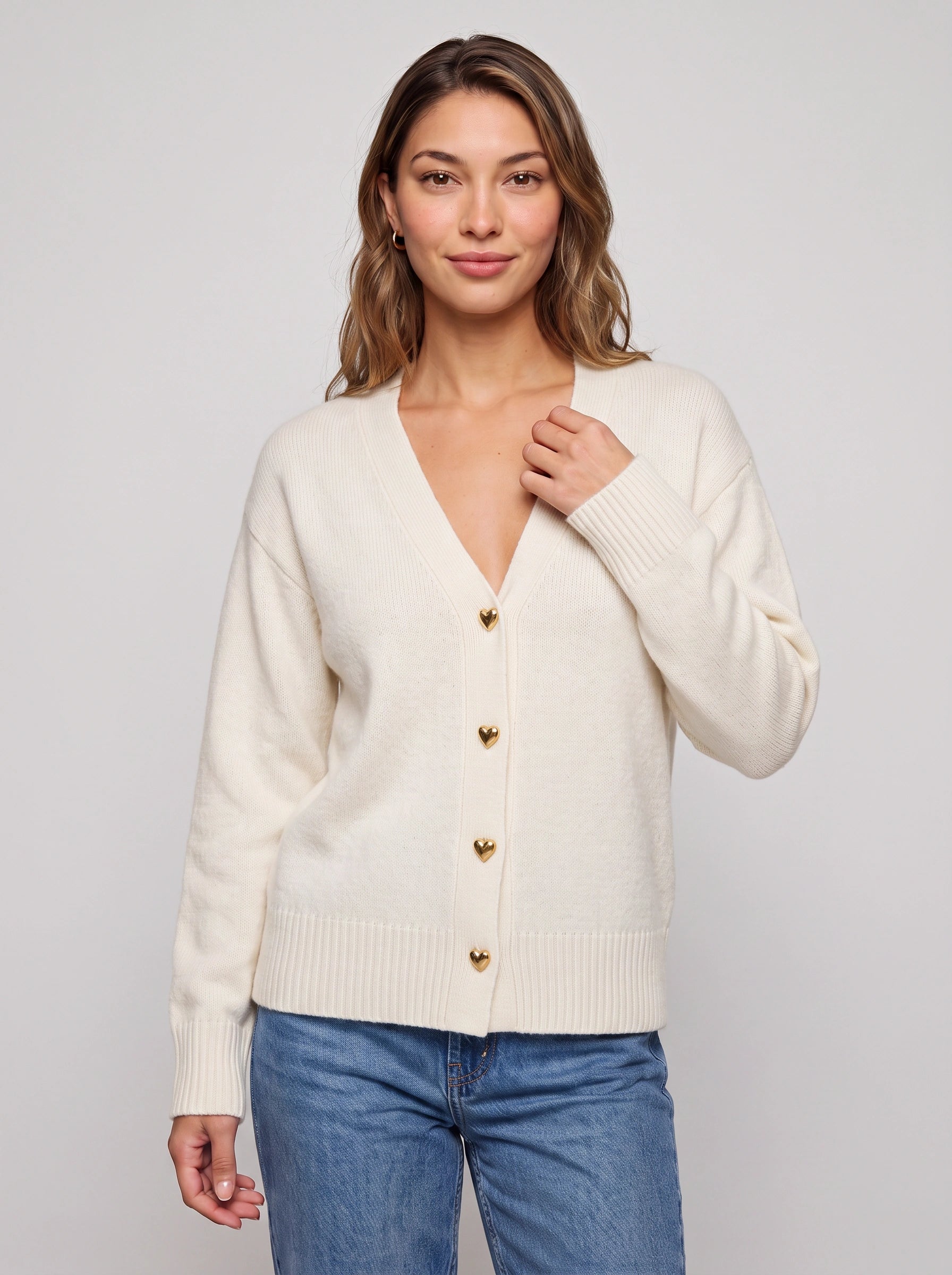 Coralis V-Neck Heart Button Cardigan – Women Knit Long Sleeve Button Down Casual Sweater Top