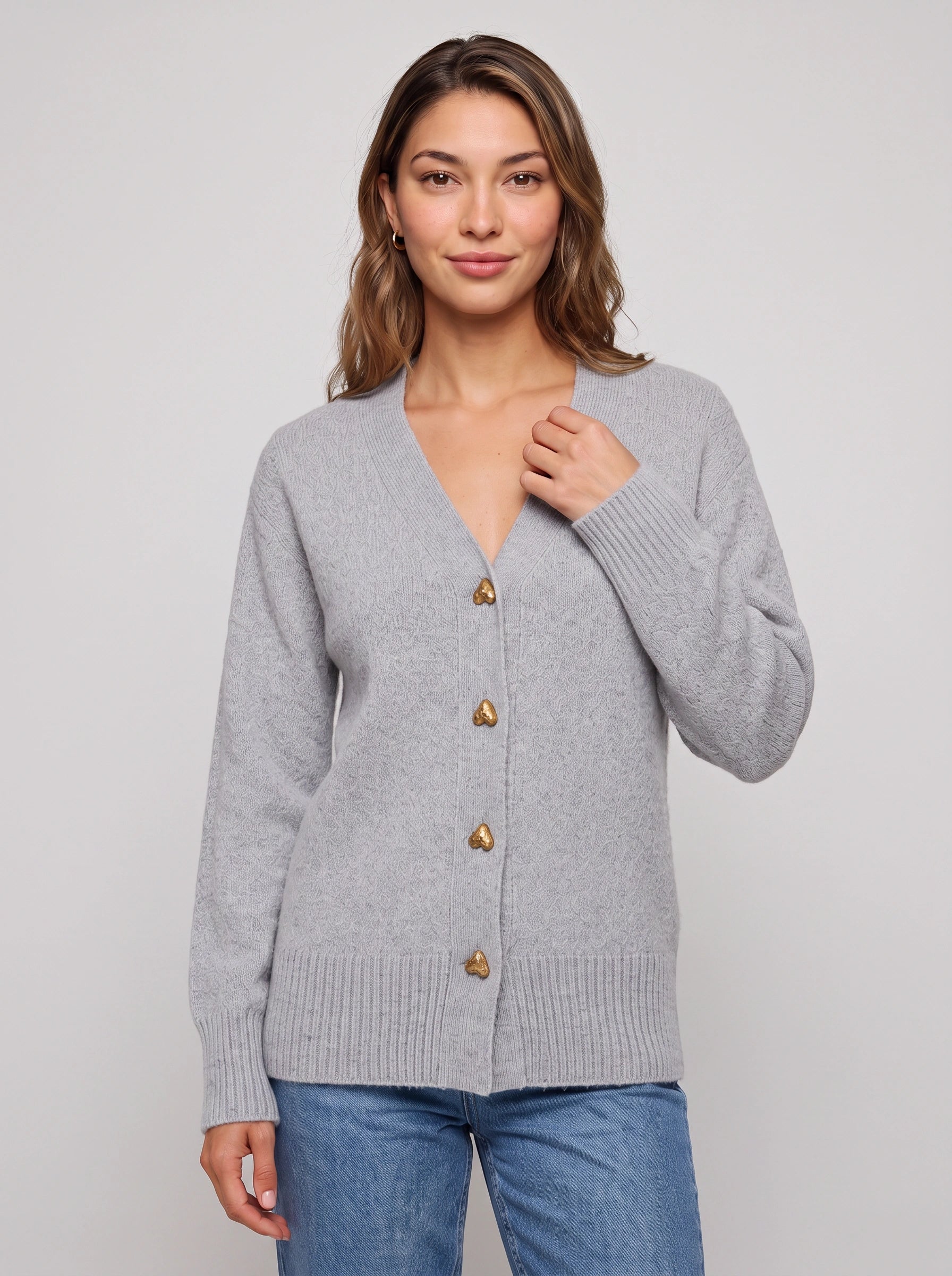 Coralis V-Neck Heart Button Cardigan – Women Knit Long Sleeve Button Down Casual Sweater Top