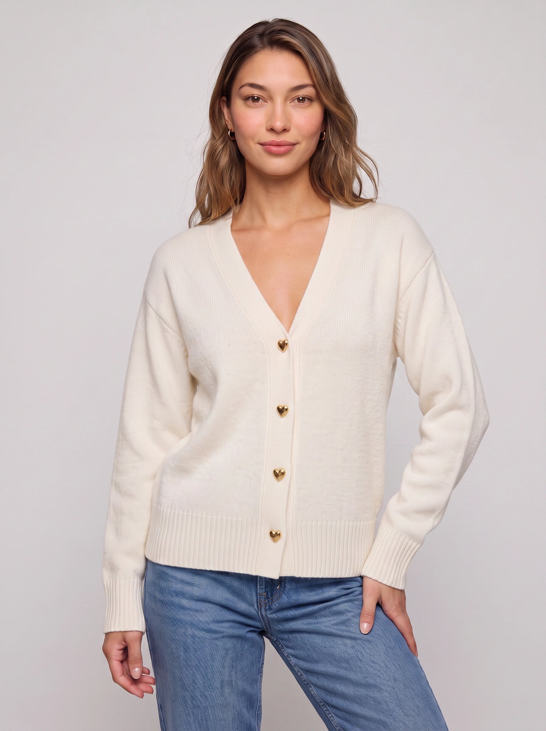 Coralis V-Neck Heart Button Cardigan – Women Knit Long Sleeve Button Down Casual Sweater Top