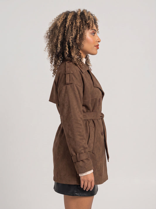 Brumaux Belted Double-Breasted Trench Coat – Faux Suede Long Women Belted Coat Classic Outerwear