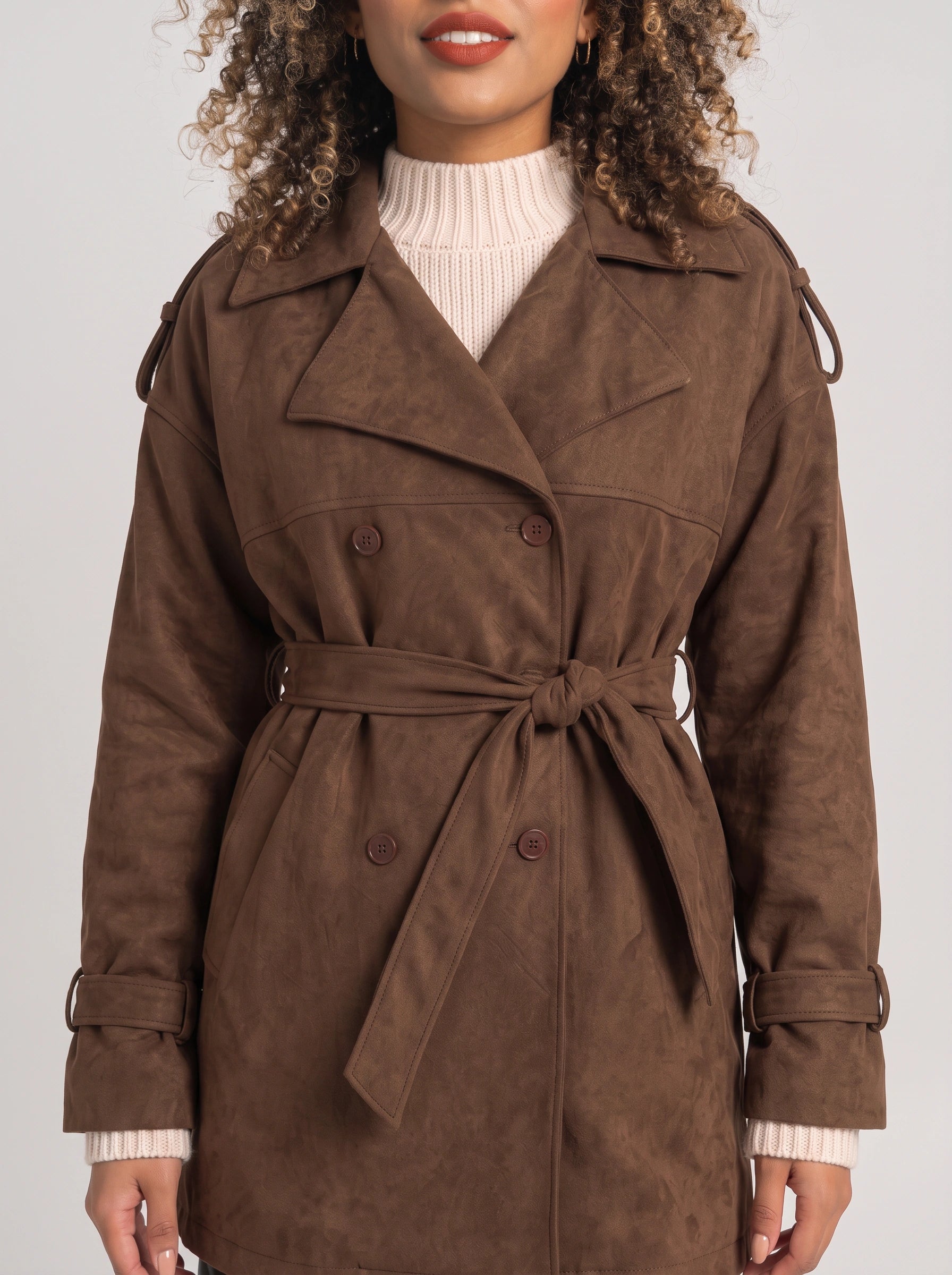Brumaux Belted Double-Breasted Trench Coat – Faux Suede Long Women Belted Coat Classic Outerwear