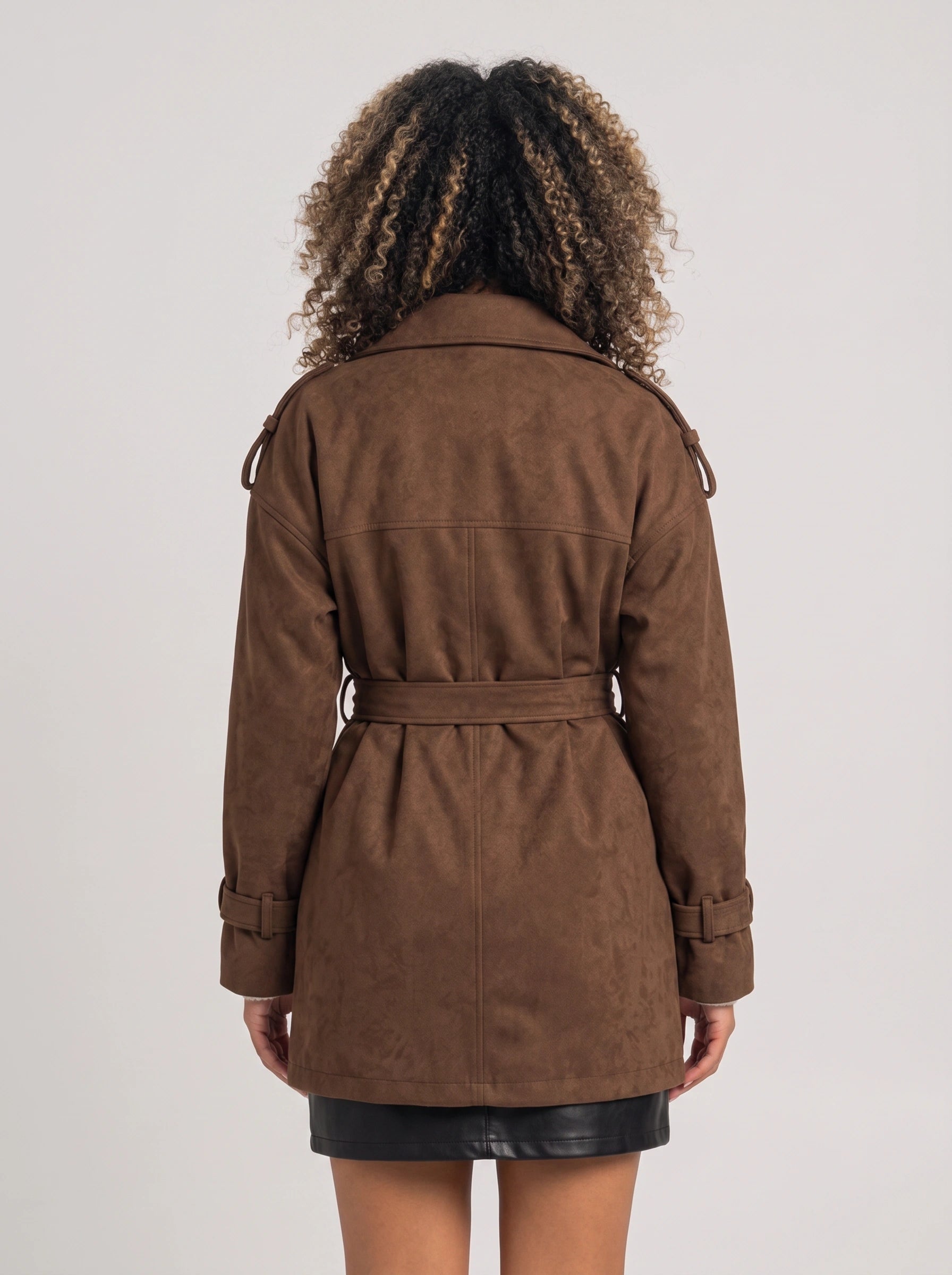 Brumaux Belted Double-Breasted Trench Coat – Faux Suede Long Women Belted Coat Classic Outerwear