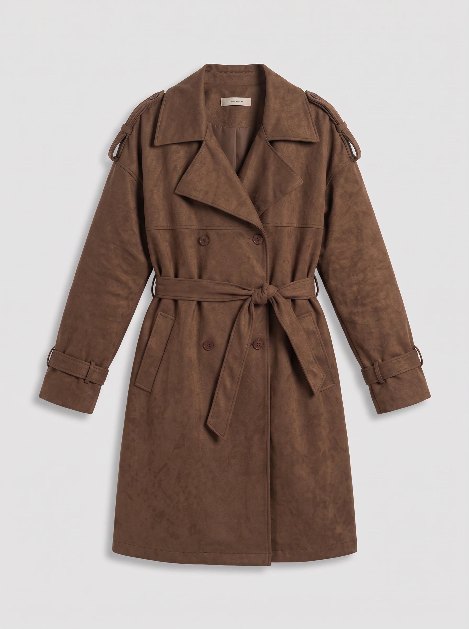 Brumaux Belted Double-Breasted Trench Coat – Faux Suede Long Women Belted Coat Classic Outerwear