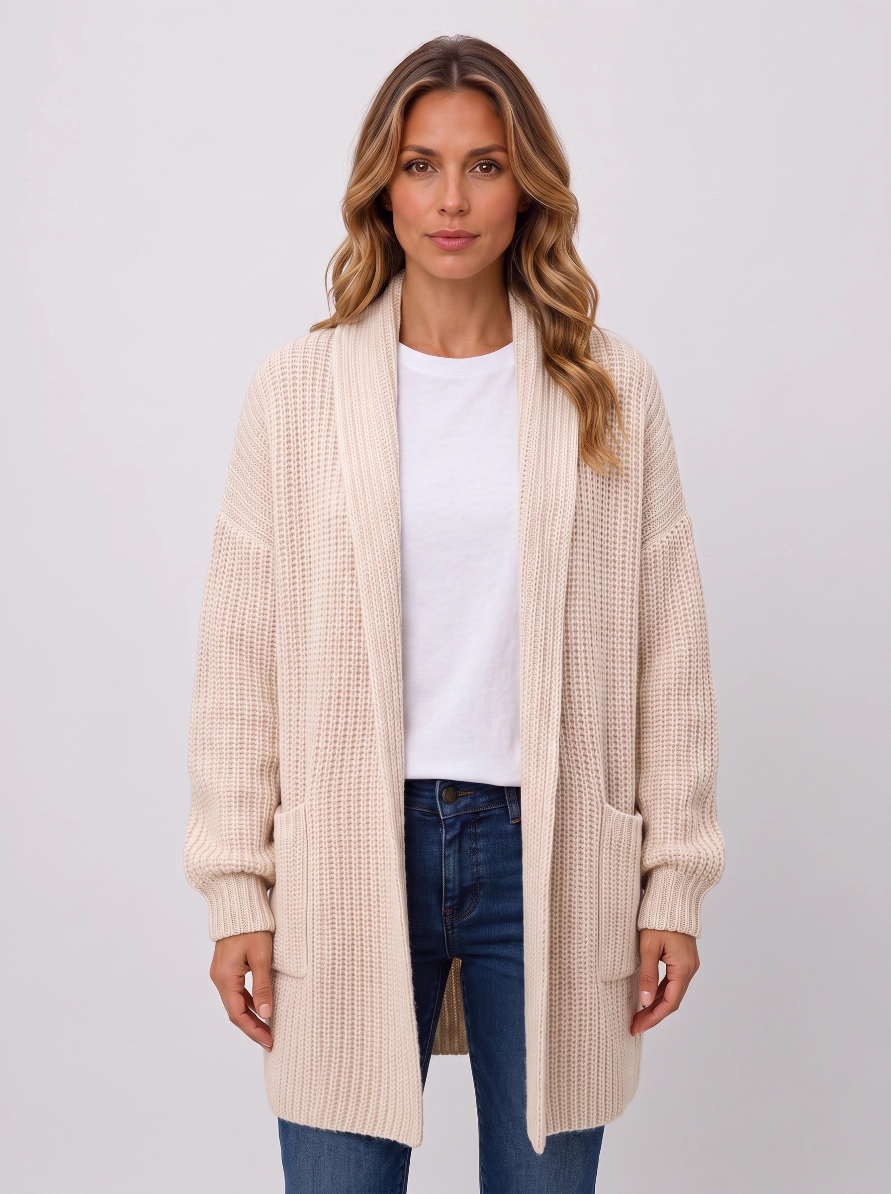 Waffle-knit Open Cardigan – Chunky Knit Longline Cardigan Women Oversized Cozy Casual Long Sleeve Pockets