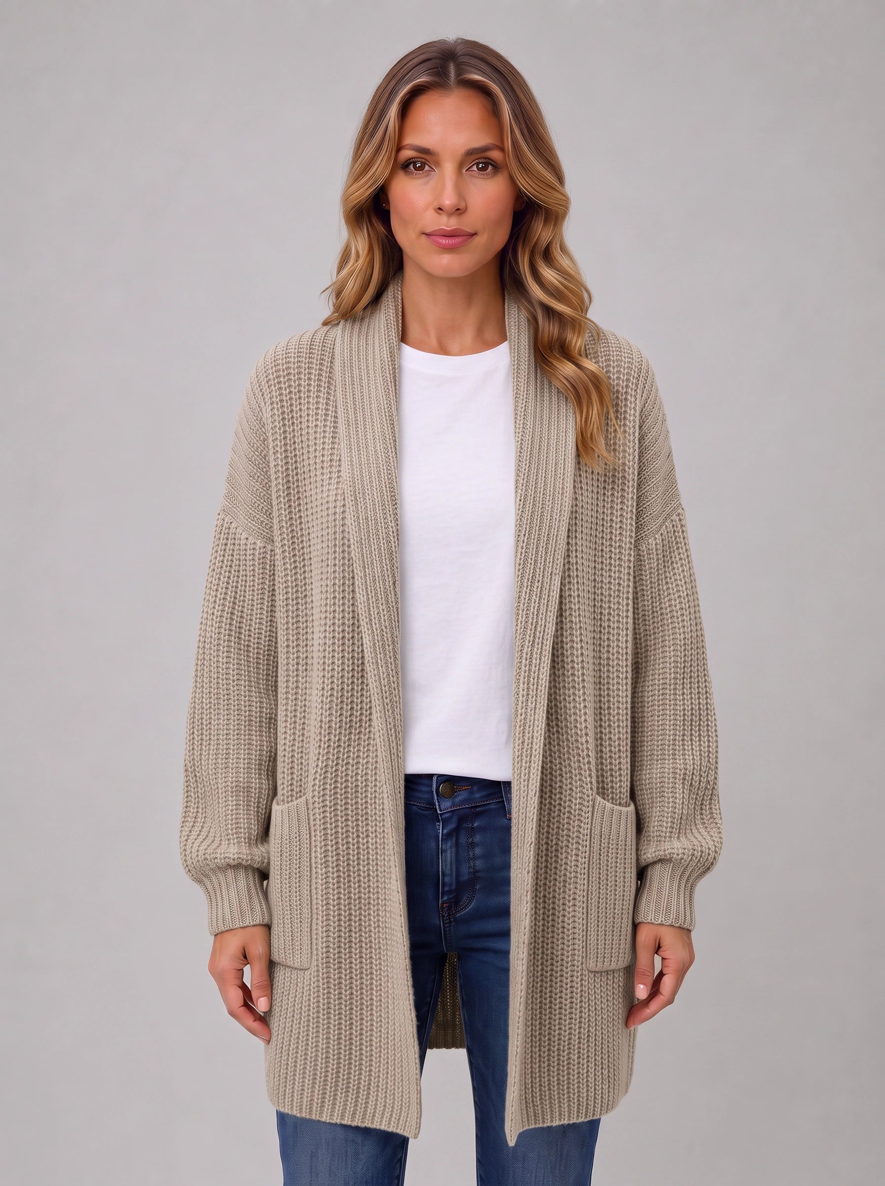 Waffle-knit Open Cardigan – Chunky Knit Longline Cardigan Women Oversized Cozy Casual Long Sleeve Pockets