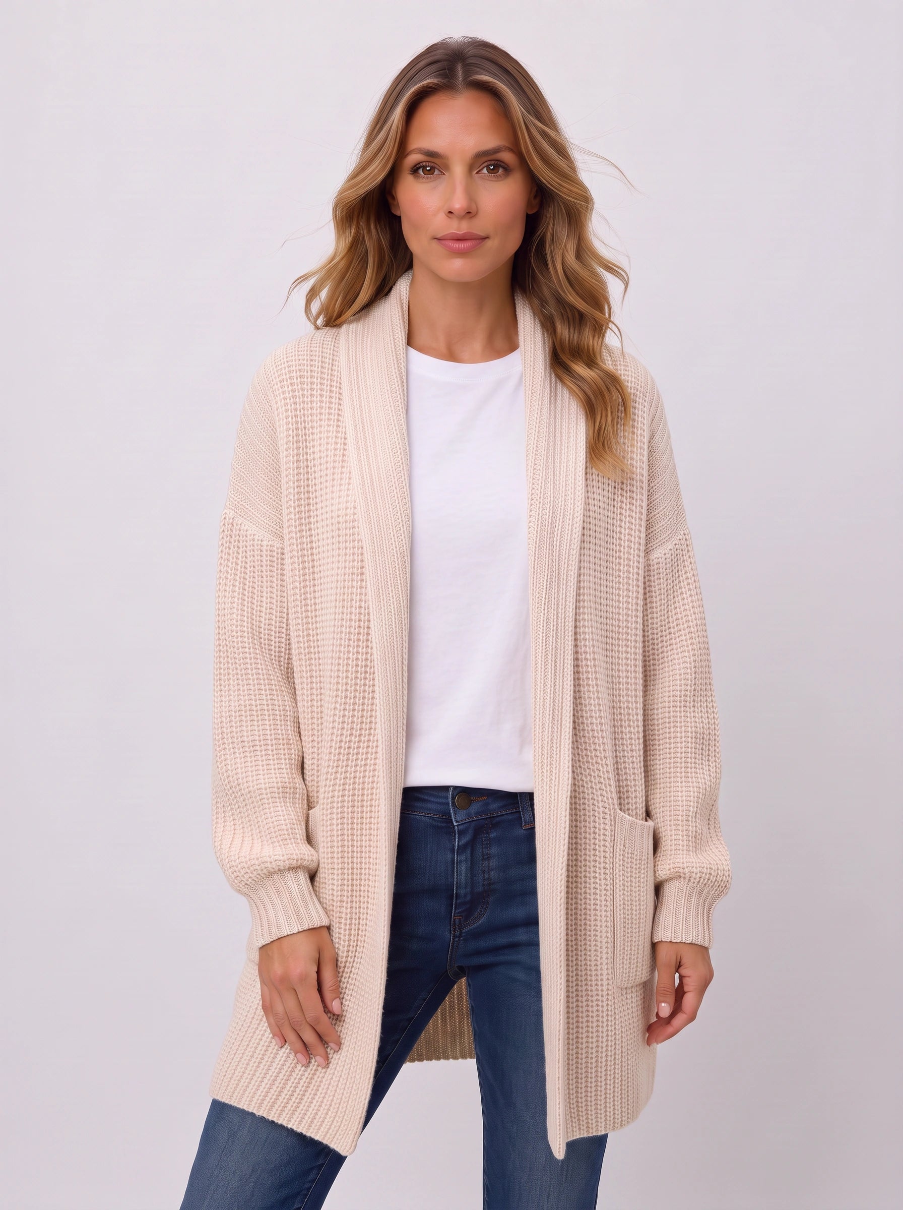 Waffle-knit Open Cardigan – Chunky Knit Longline Cardigan Women Oversized Cozy Casual Long Sleeve Pockets
