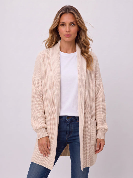 Waffle-knit Open Cardigan – Chunky Knit Longline Cardigan Women Oversized Cozy Casual Long Sleeve Pockets