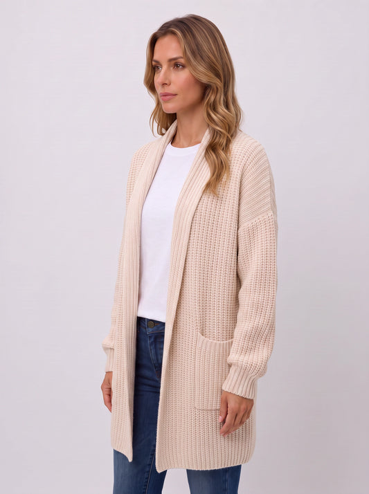 Waffle-knit Open Cardigan – Chunky Knit Longline Cardigan Women Oversized Cozy Casual Long Sleeve Pockets